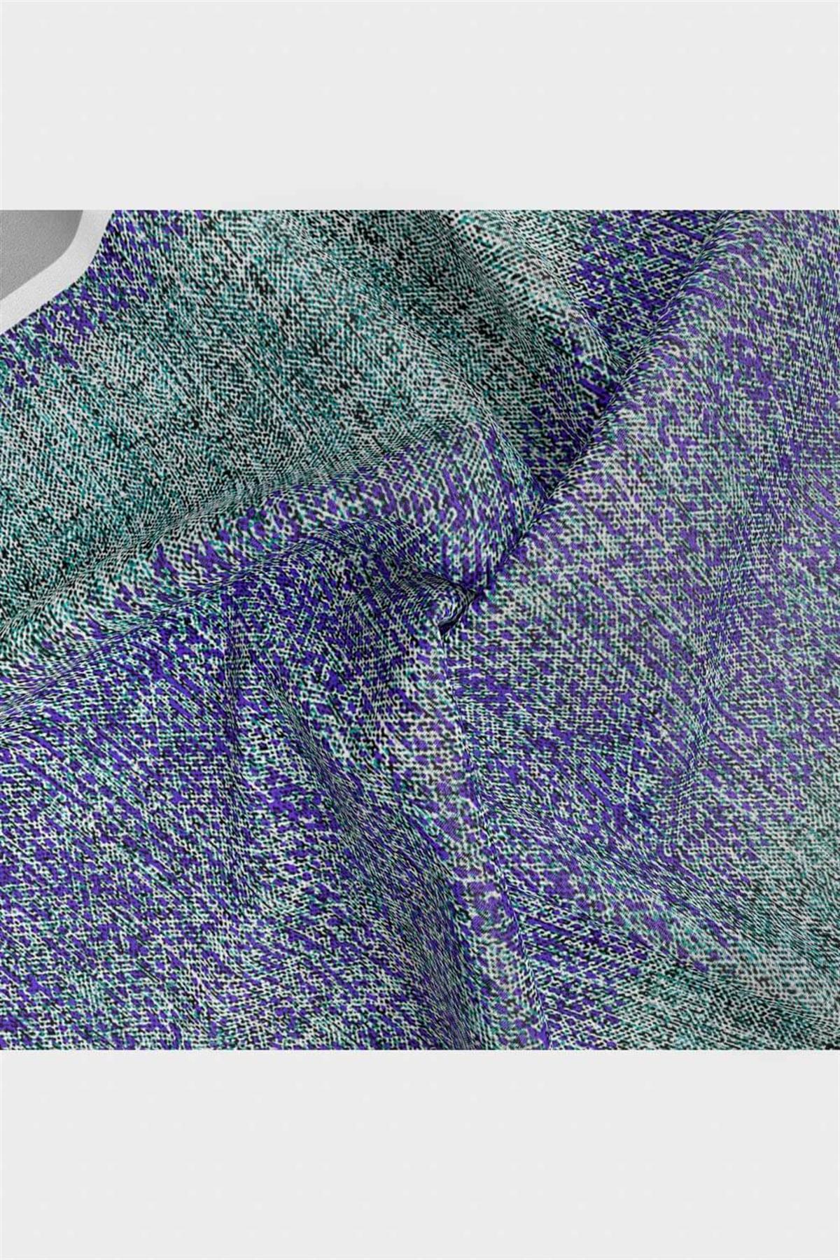 %100 Twill İpek Dokulu Desen Mor - Turkuaz Renkli 90x90 Eşarp Kenar Dikiş Şekli El Dikişli