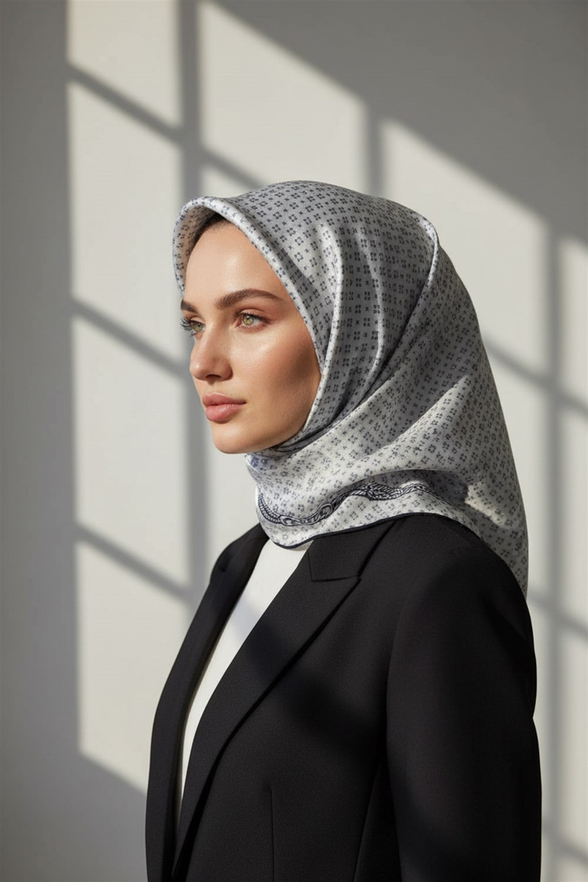%100 Twill İpek Zincir Desenli Gümüş - Siyah Renkli 90x90 Eşarp Dikim Şekli : El Dikişi