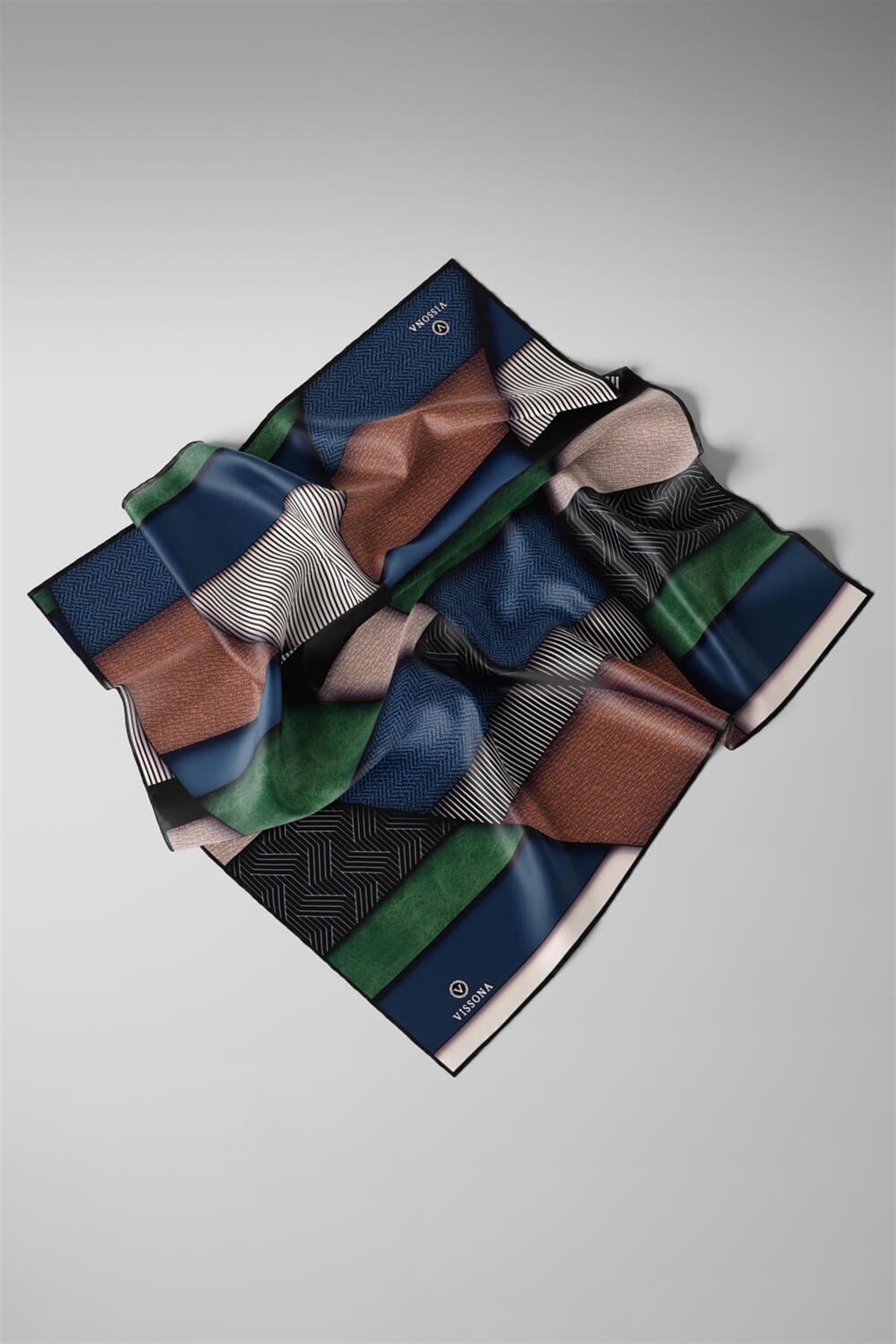 %100 Twill İpek Dokulu ve Geometrik Desenli Lacivert - Zümrüt Yeşili Renkli 90x90 Eşarp Dikim Şekli : El Dikişi