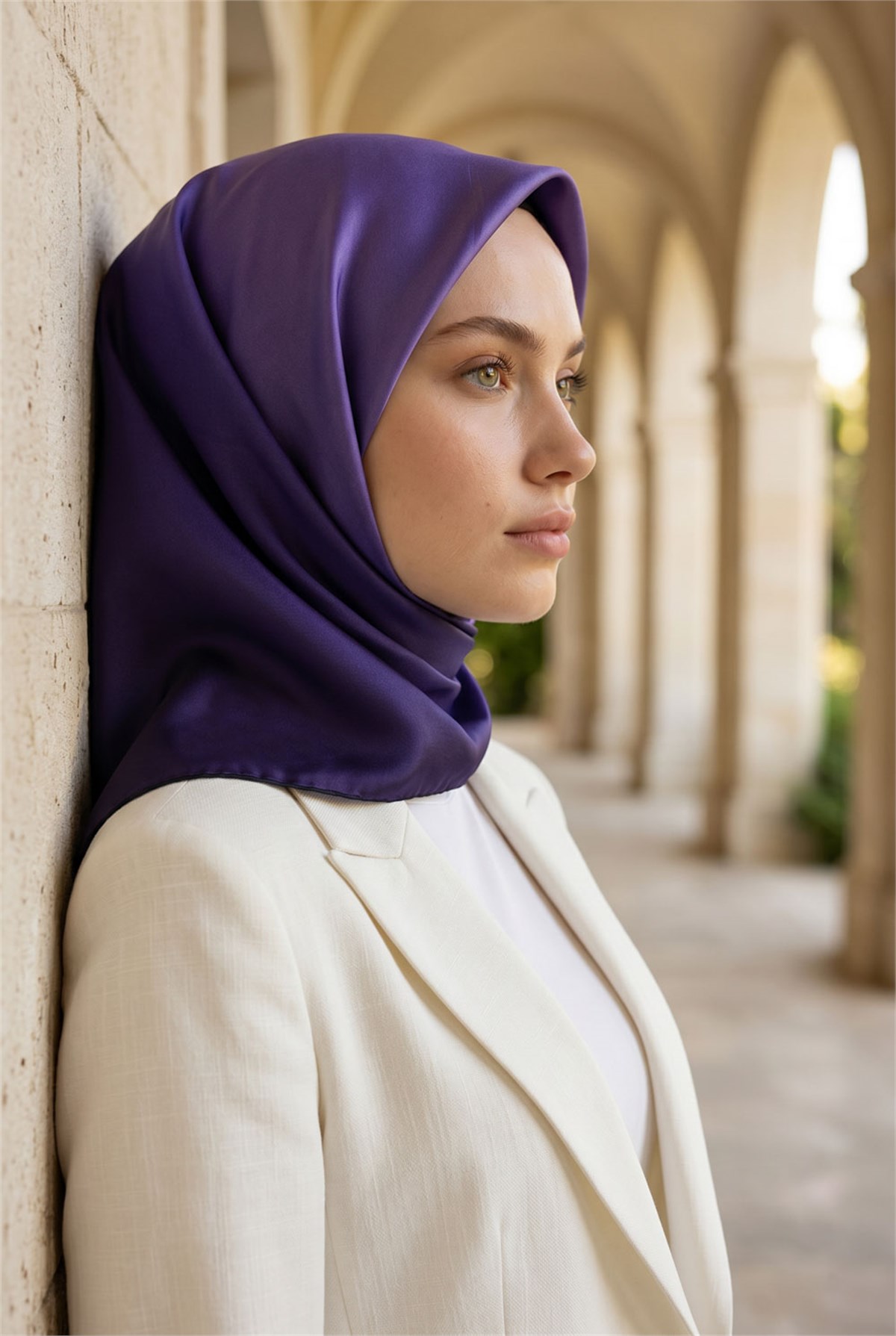 %100 Twill İpek Eşarp 90x90 Mor Degrade Desenli El Dikişli Kadın Eşarp