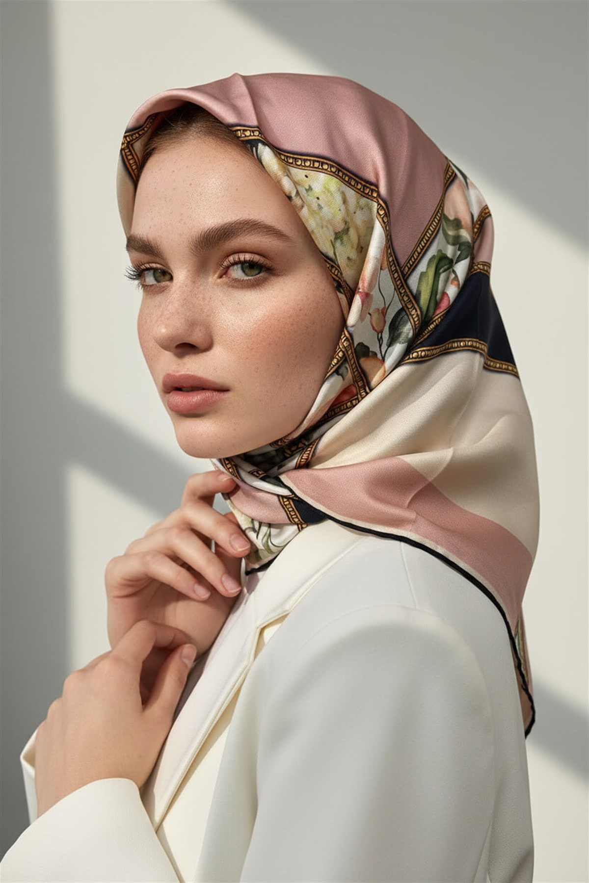 100% Twill İpek Şeritli Çiçek Desenli Pudra - Krem Renkli 90x90 Dikim Şekli : El Dikişi Eşarp