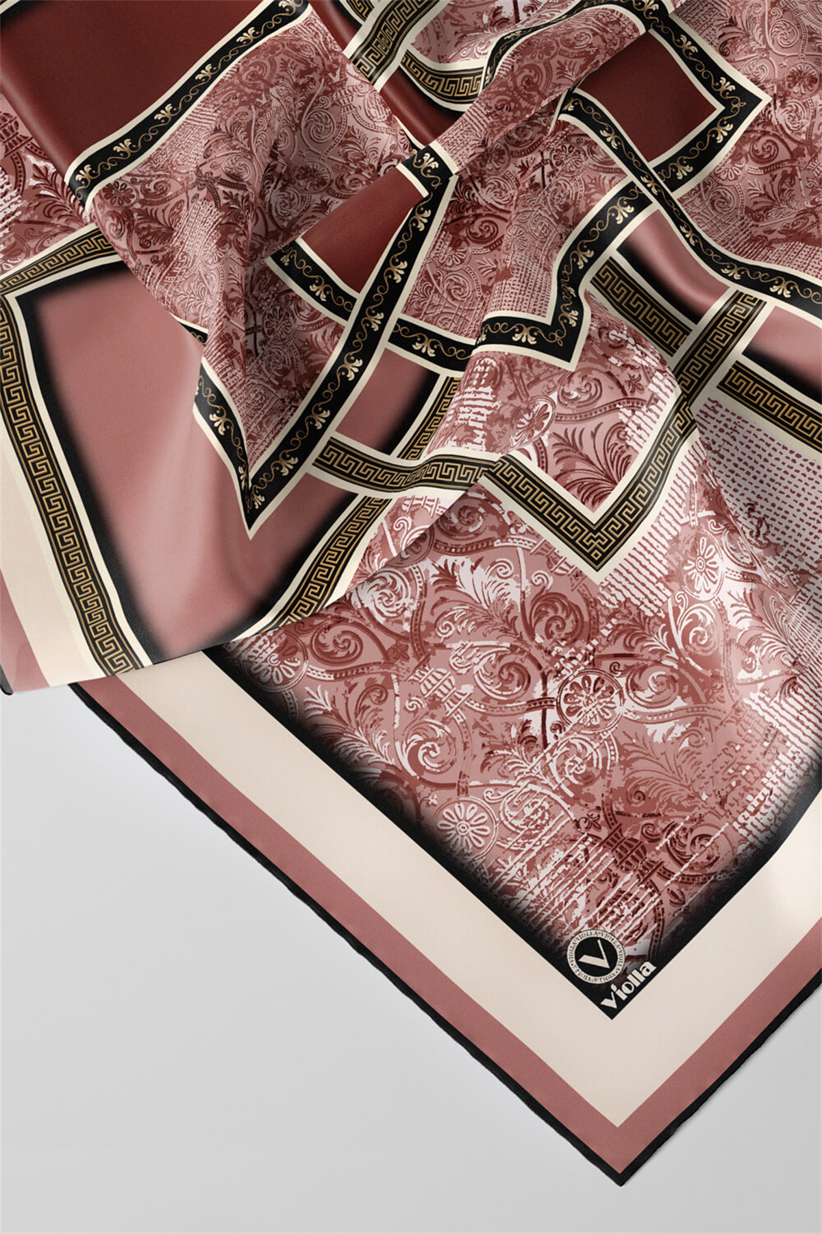 Twill Geometrik Desenli Pudra Renkli 90x90 Eşarp (İpek İçermez) Kenar Dikiş Şekli El Dikişli