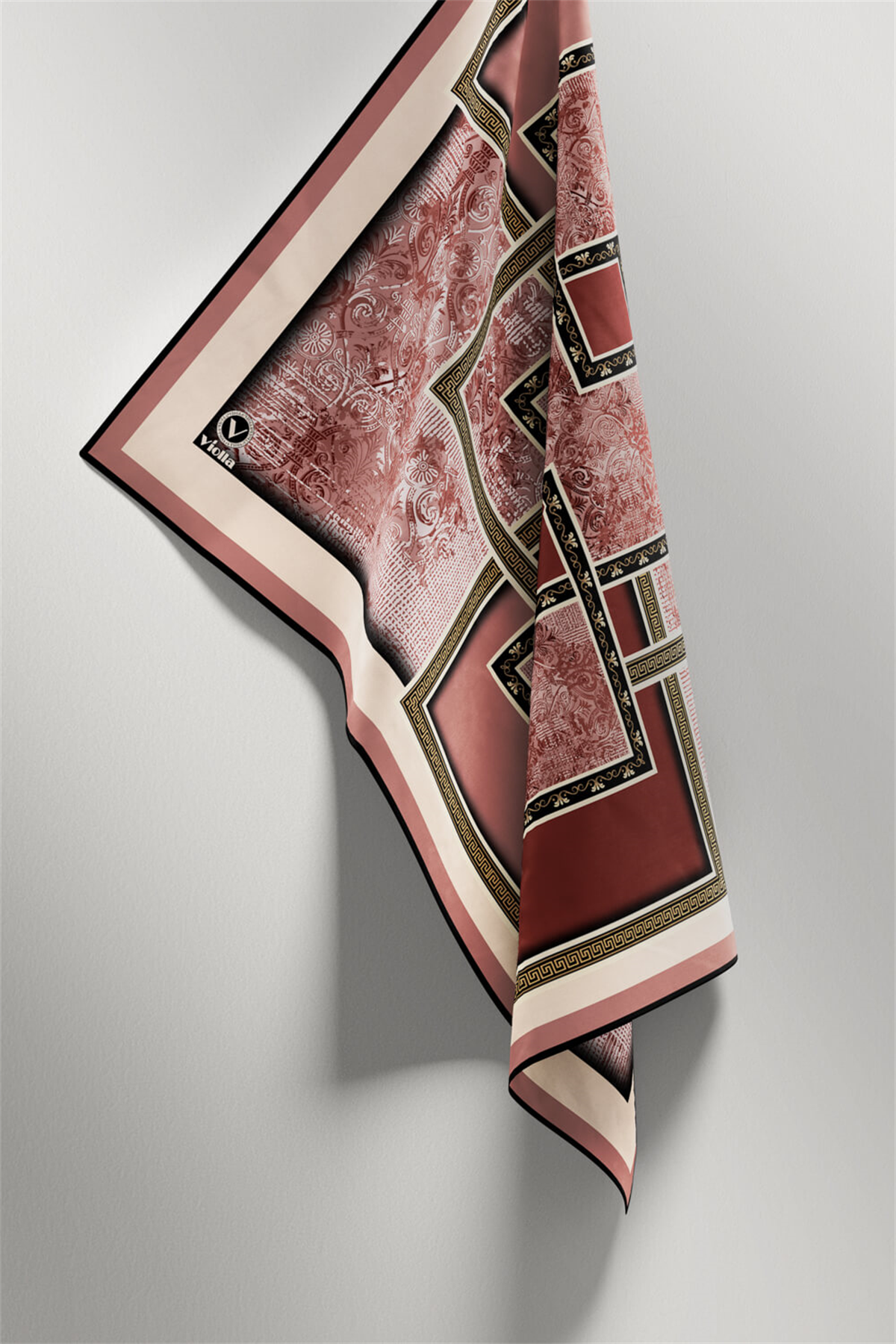Twill Geometrik Desenli Pudra Renkli 90x90 Eşarp (İpek İçermez) Kenar Dikiş Şekli El Dikişli