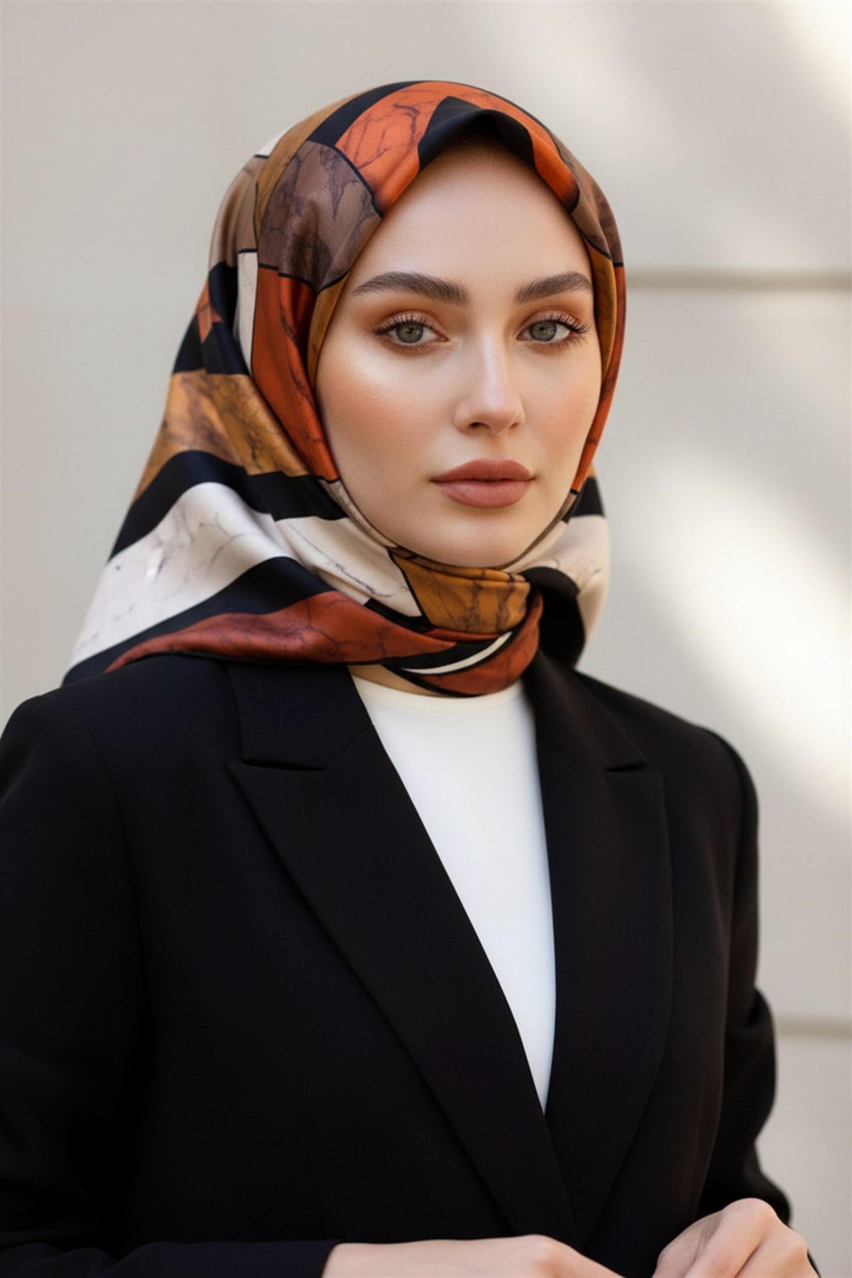 %100 Twill İpek Geometrik Mermer Desenli Siyah - Taba Renkli 90x90 Eşarp Dikim Şekli : El Dikişi
