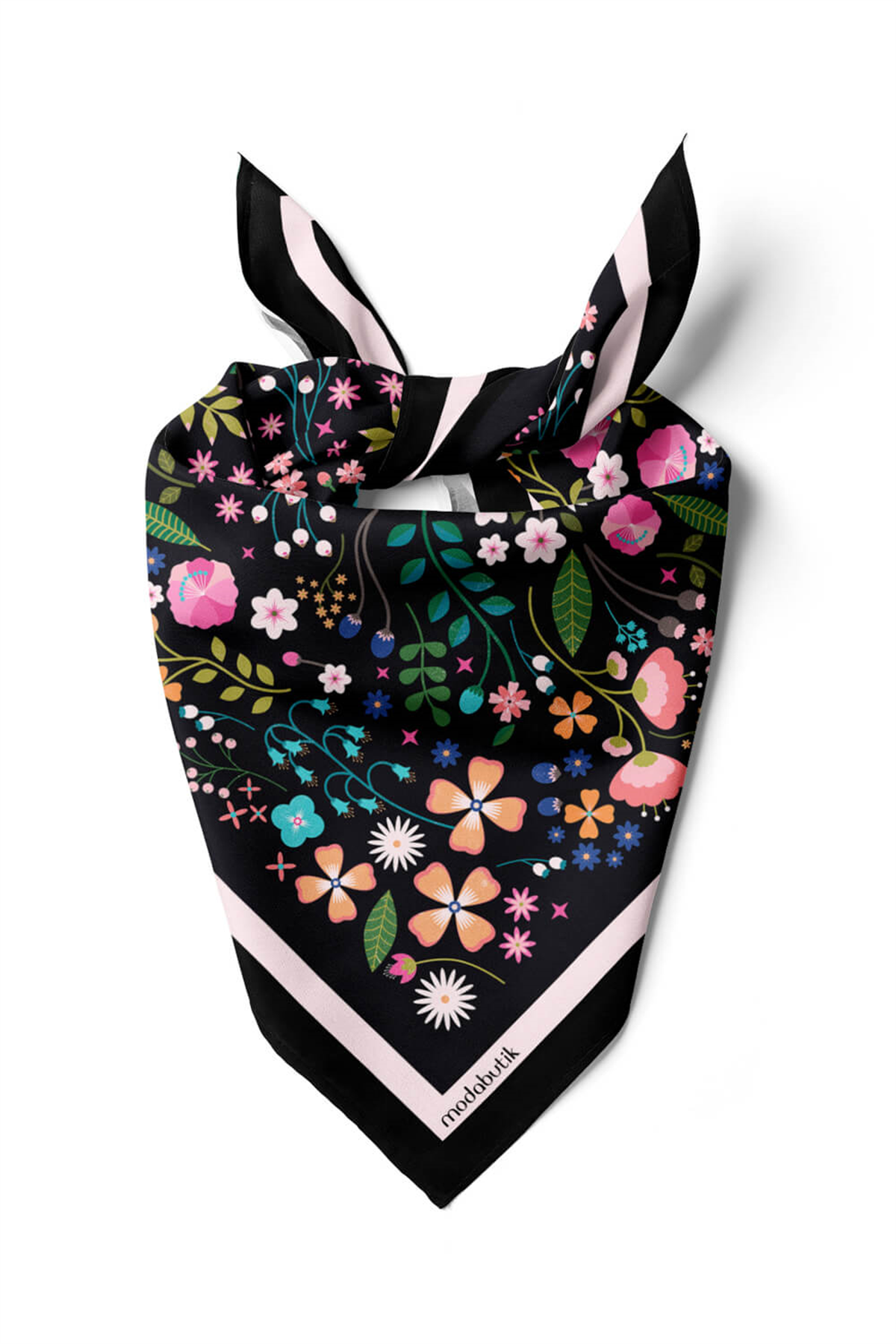 Kadın Siyah Pembe Çiçek Desenli 50x50 Bandana HYL DG01696-22