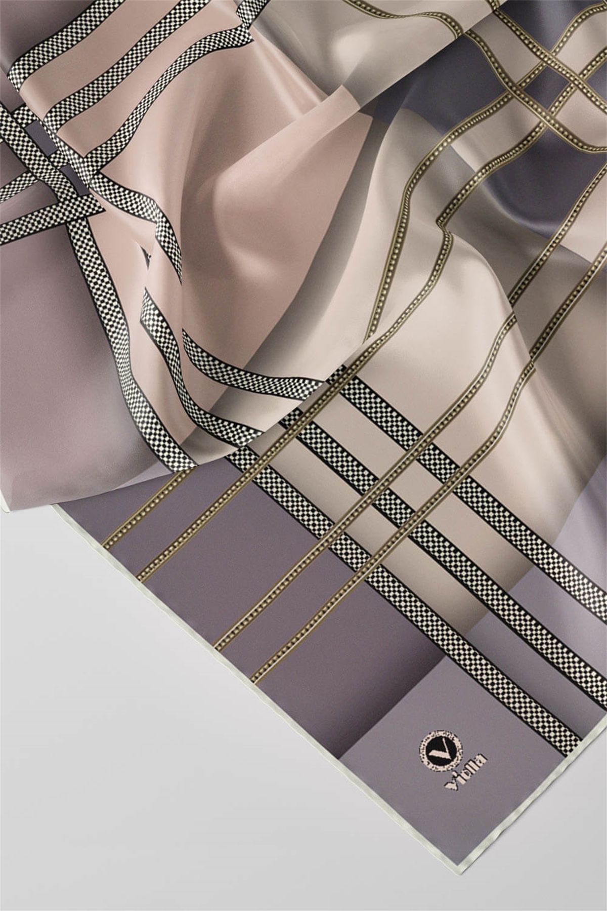 Twill Geometrik Desenli Bej Renkli 90x90 Eşarp (İpek İçermez) Kenar Dikiş Şekli El Dikişli