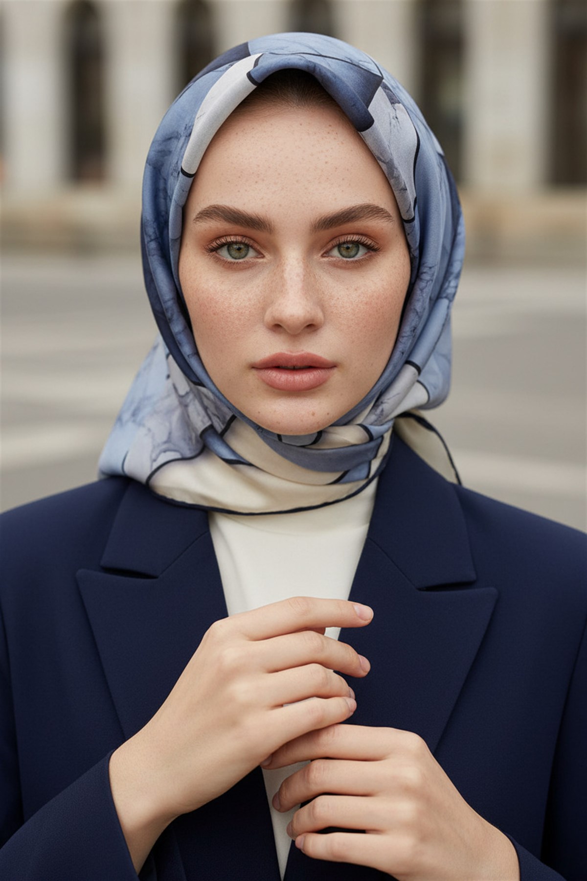 %100 Twill İpek Mermer Desenli İndigo - Lacivert Renkli 90x90 Eşarp Dikim Şekli : El Dikişi