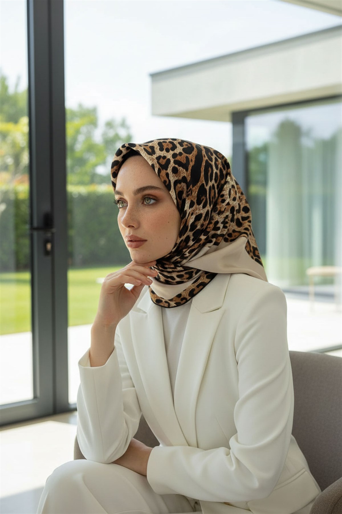 %100 Twill İpek Leopar Desenli Krem Renkli 90x90 Eşarp Dikim Şekli : El Dikişi