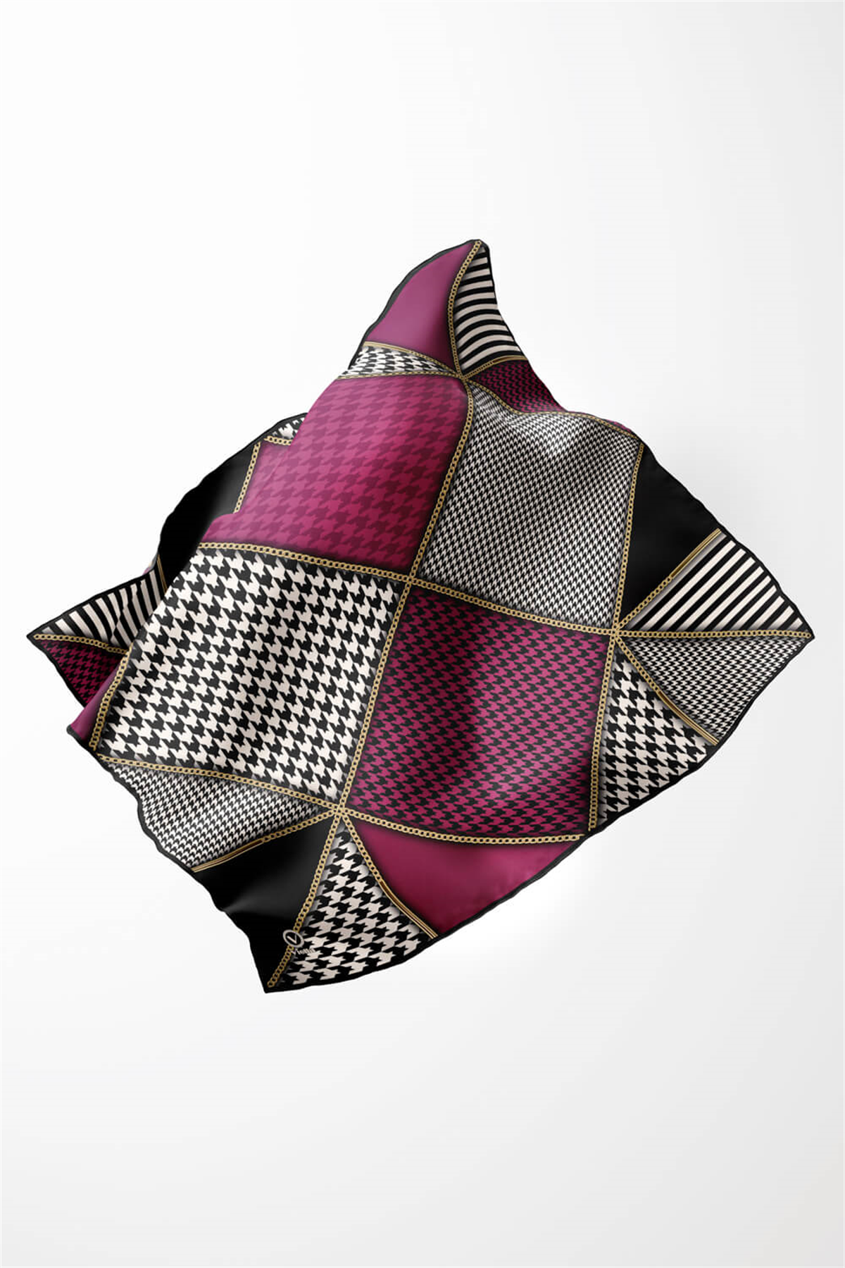 Twil Geometrik Ve Kazayak Desenli Mürdüm Renkli 90x90 Eşarp (İpek İçermez) Dikim Şekli : El Dikişi