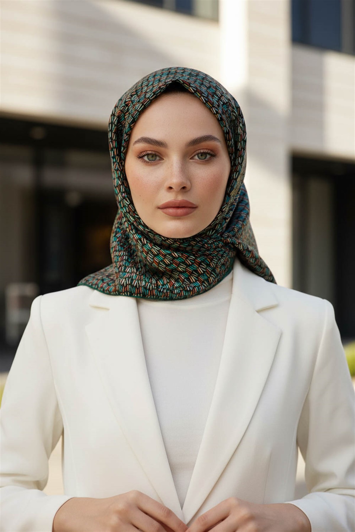 %100 Twill İpek Çizgi Desenli Siyah - Petrol Yeşili Renkli 90x90 Eşarp Dikim Şekli : El Dikişi