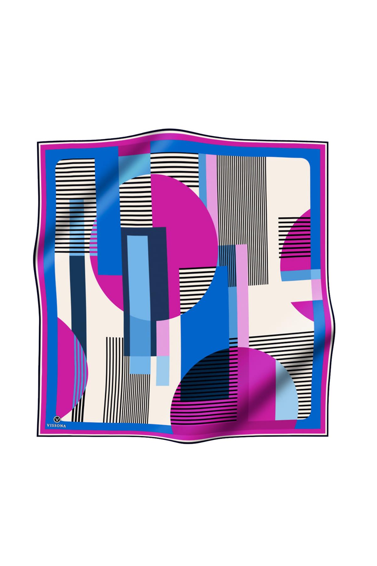 100% Twill İpek Geometrik Desenli Saks - Fuşya Renkli 90x90 Dikim Şekli : El Dikişi Eşarp