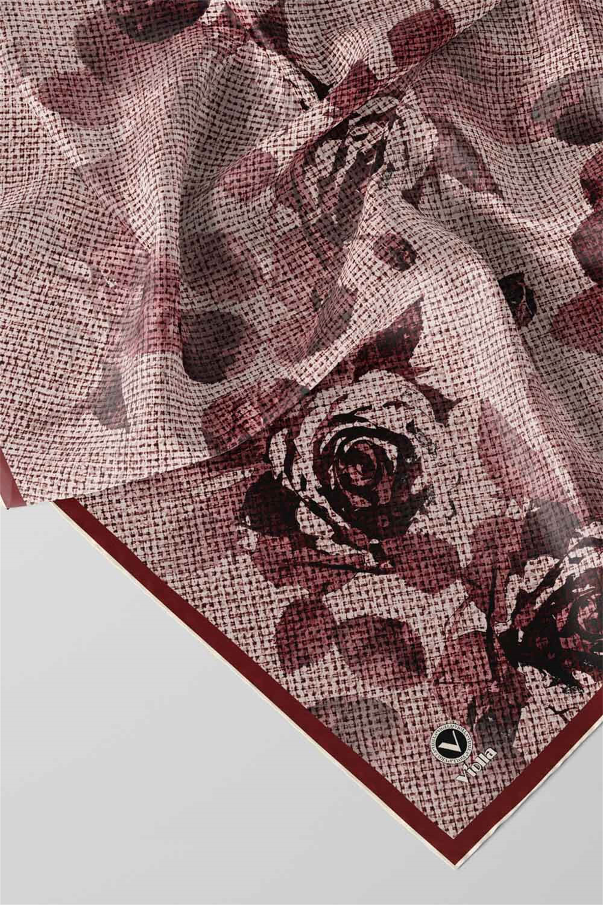 Twill Gül Desenli Pembe Renkli 90x90 Eşarp (İpek İçermez) Kenar Dikiş Şekli El Dikişli