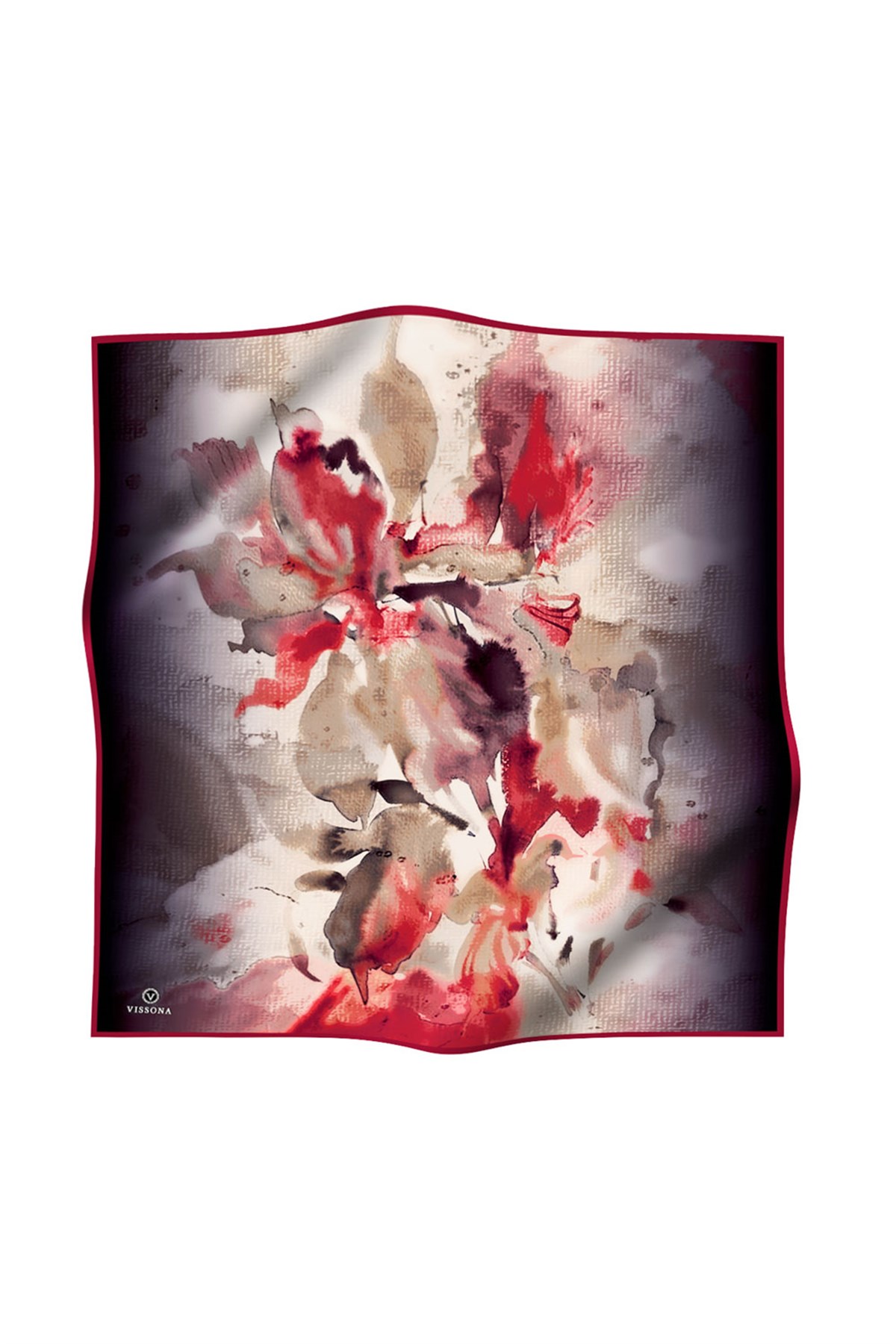 %100 Twill İpek Suluboya Çiçek Desenli Hardal - Bordo Renkli 90x90 Eşarp Dikim Şekli : El Dikişi