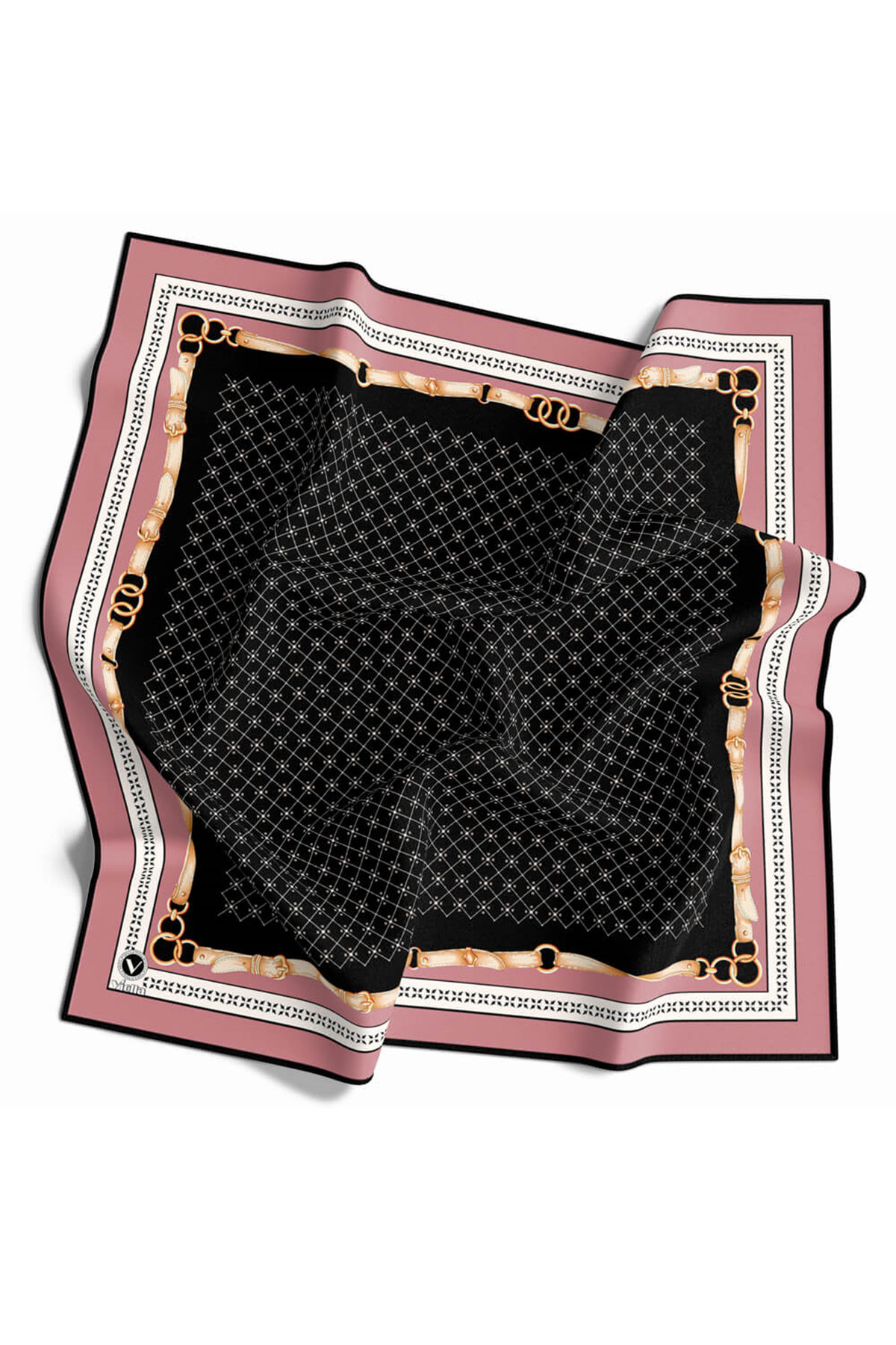 Twill Kemerli ve Çıtır Motifli Desenli Pudra Renkli 90x90 Eşarp (İpek İçermez) Dikim Şekli : El Dikişi
