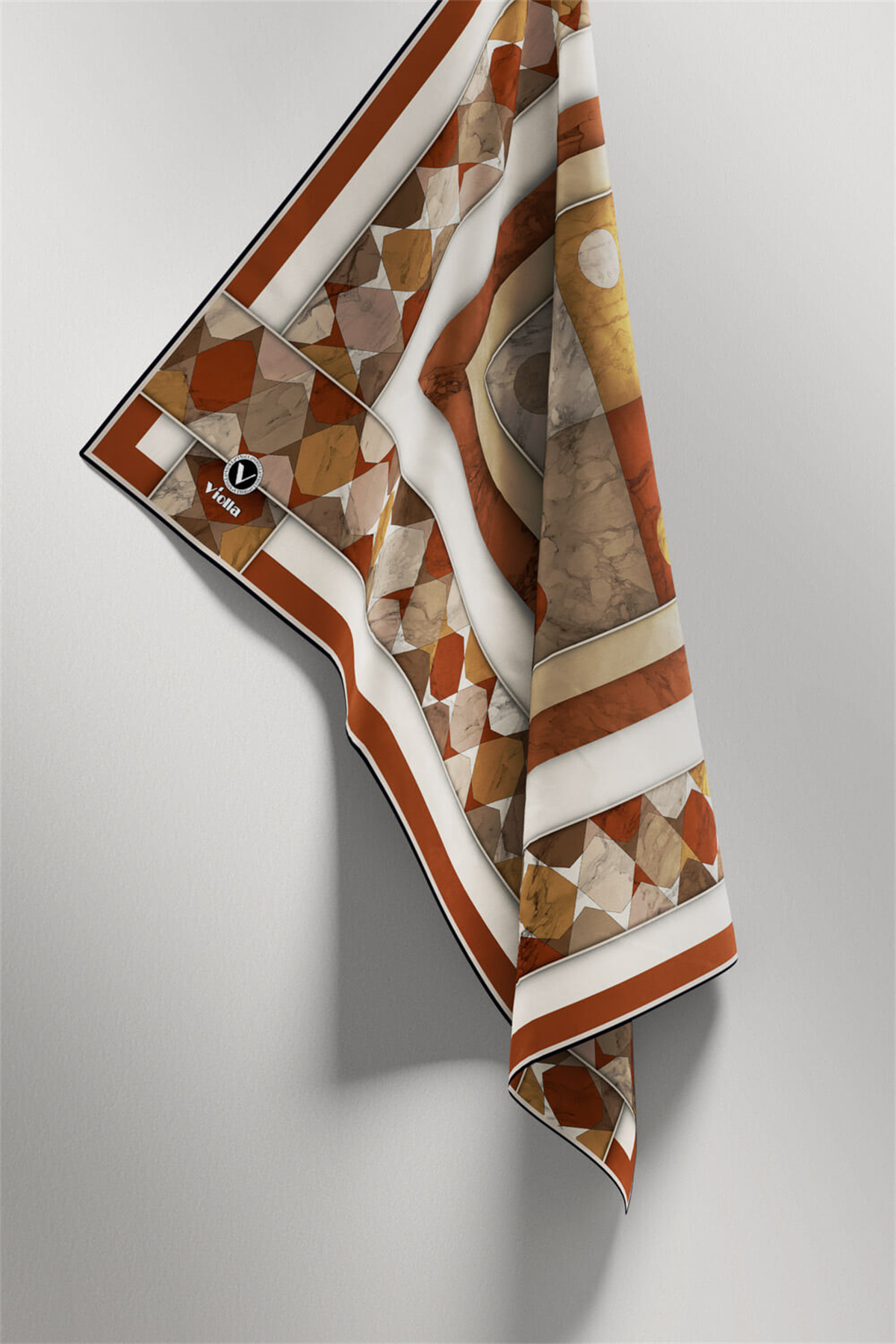 Twill Geometrik Mermer Desenli Taba Renkli 90x90 Eşarp (İpek İçermez) Kenar Dikiş Şekli El Dikişli