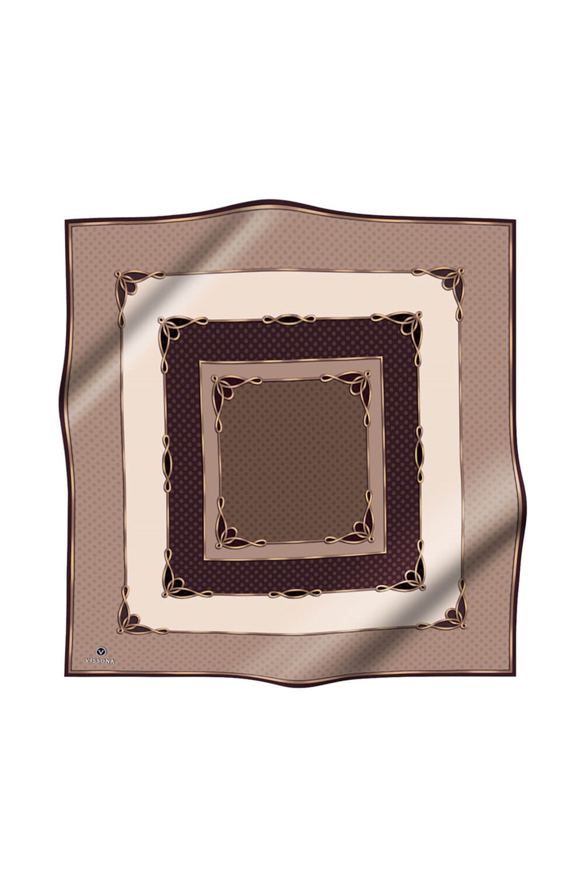 %100 Twill İpek Puantiyeli ve Geometrik Desenli Bej - Kahverengi Renkli 90x90 Eşarp Dikim Şekli : El Dikişi