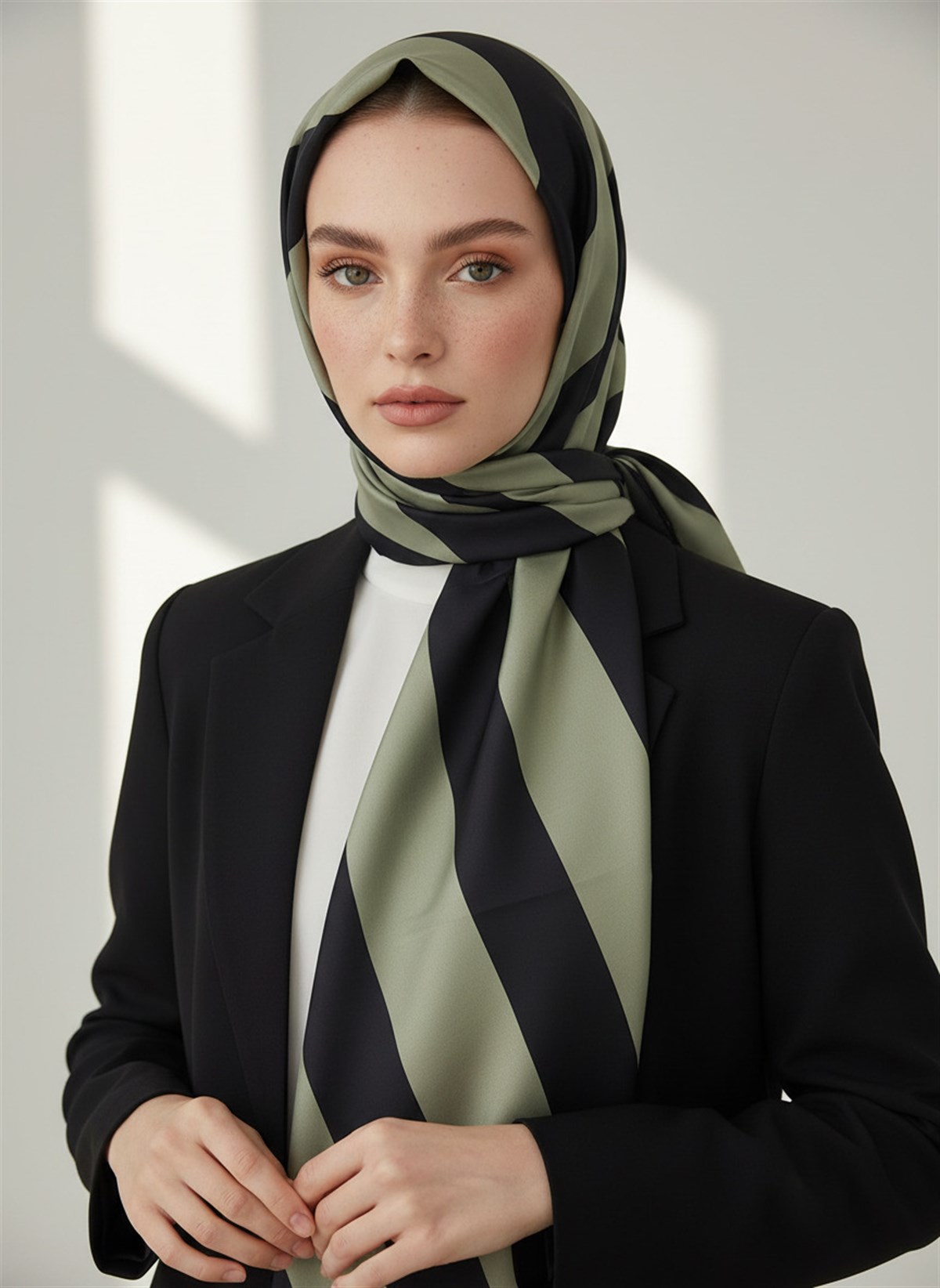 %100 Saf İpek Şal İnce Saten Vual Dokuma Çizgili Desenli Haki - Siyah Renkli 90x210 Şal