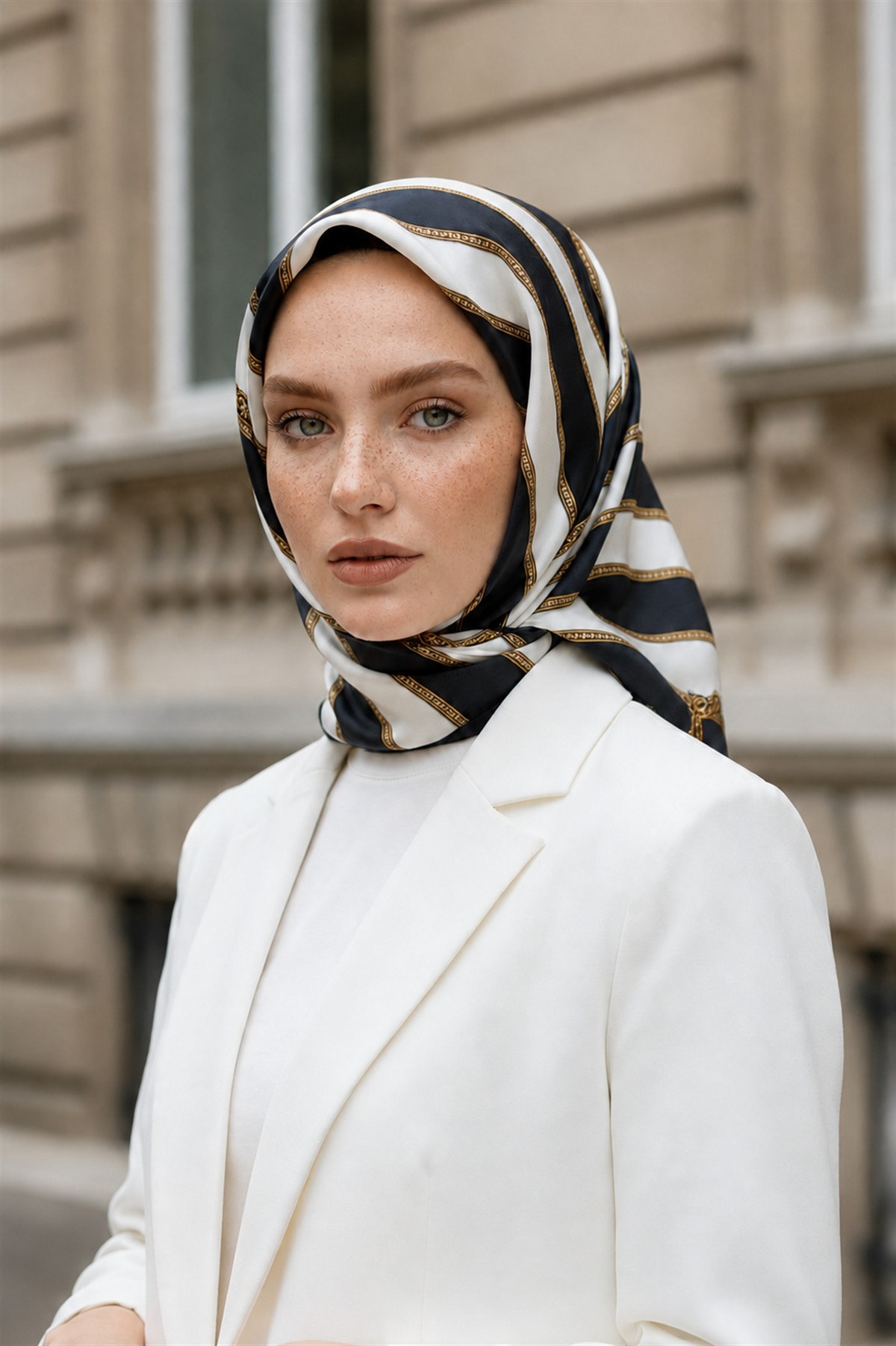 %100 Twill İpek Kemer Desenli Lacivert - Krem Renkli 90x90 Eşarp Dikim Şekli : El Dikişi
