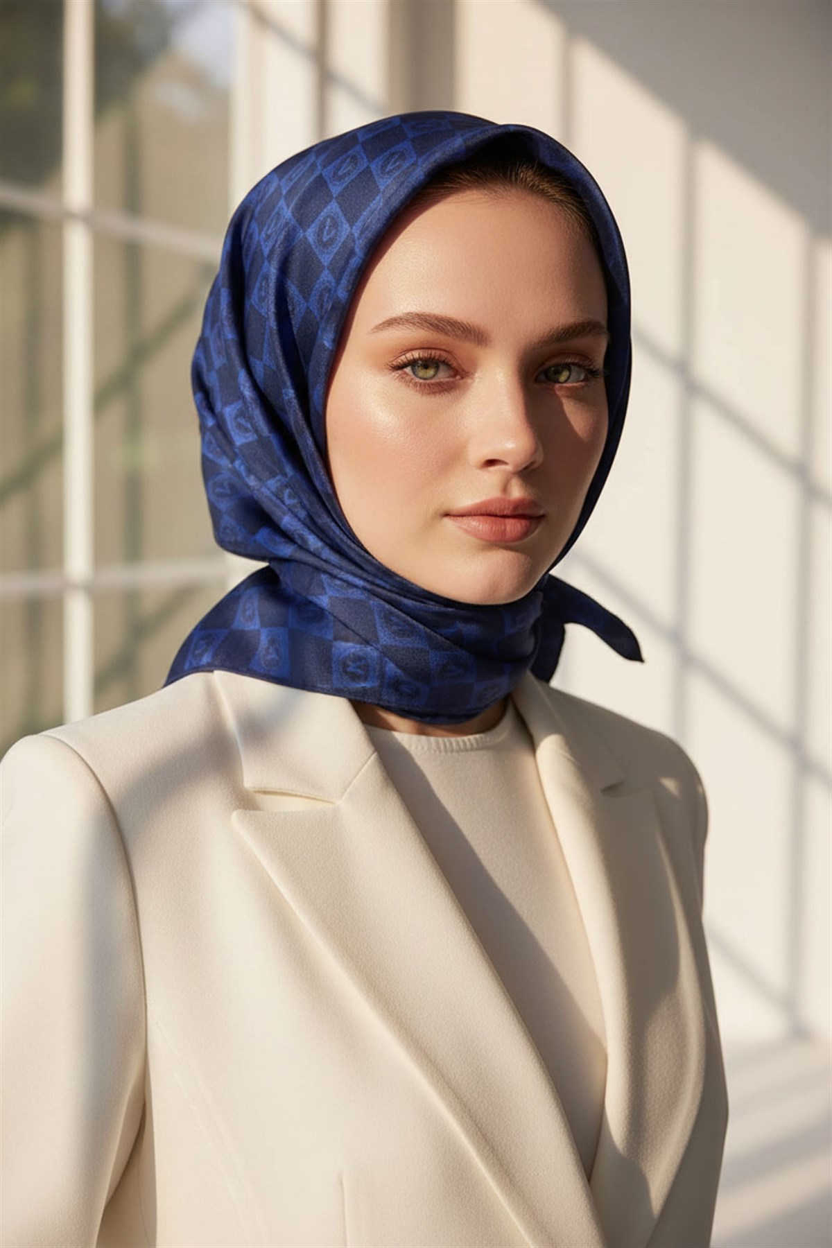 %100 Twill İpek Monogram Desenli Saks Renkli 90x90 Eşarp Dikim Şekli : El Dikişi
