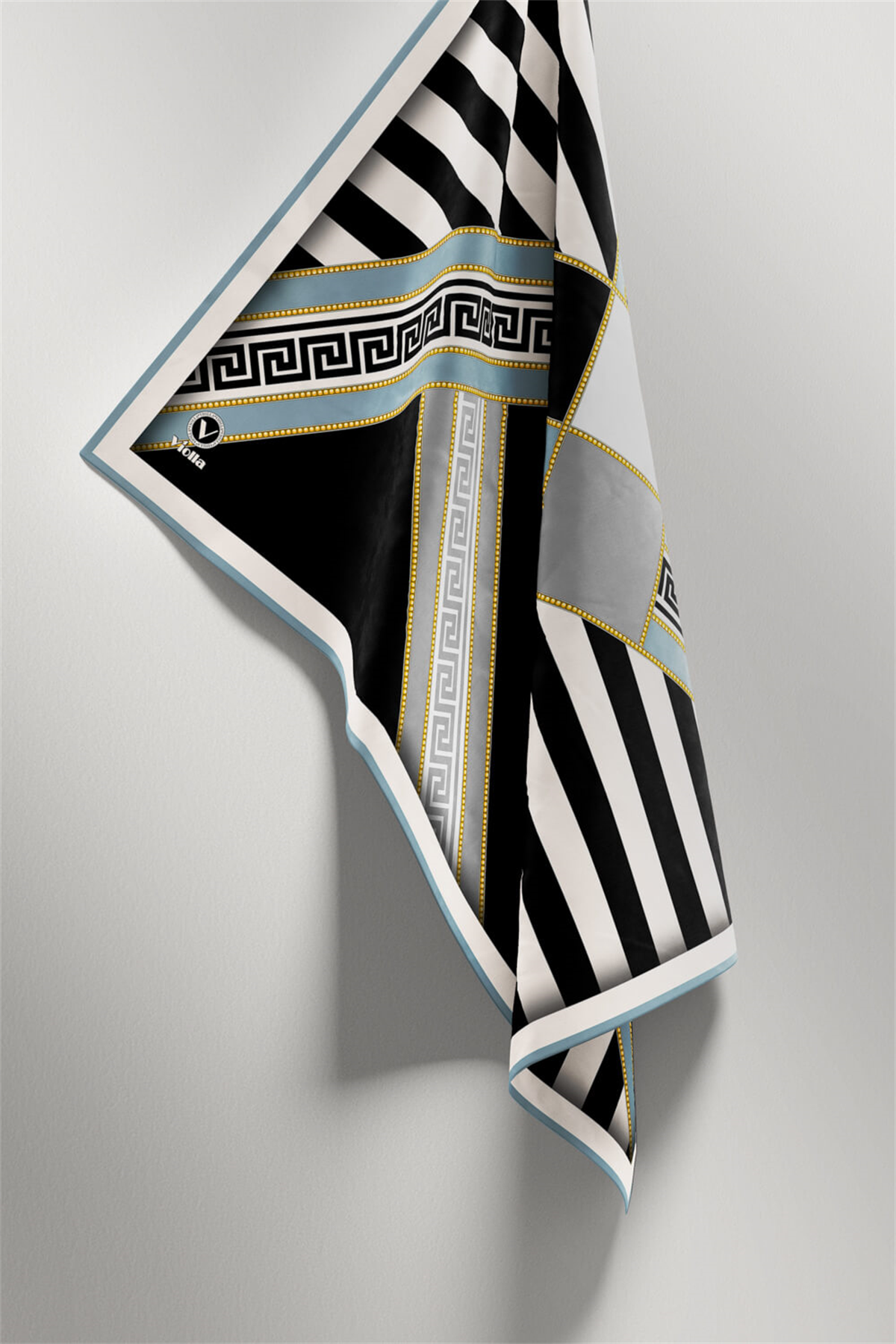 Twill Çizgili Geometrik Desenli Buz Mavisi Renkli 90x90 Eşarp (İpek İçermez) Kenar Dikiş Şekli El Dikişli