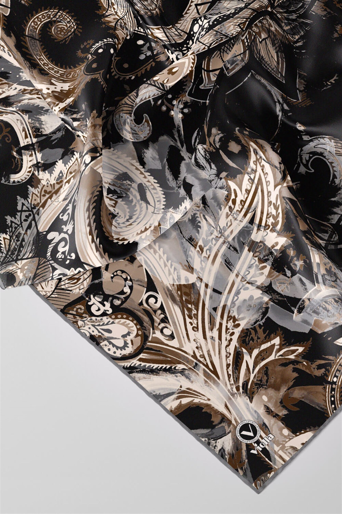Twill Şal Desenli Gri Renkli 90x90 Eşarp (İpek İçermez) Kenar Dikiş Şekli El Dikişli