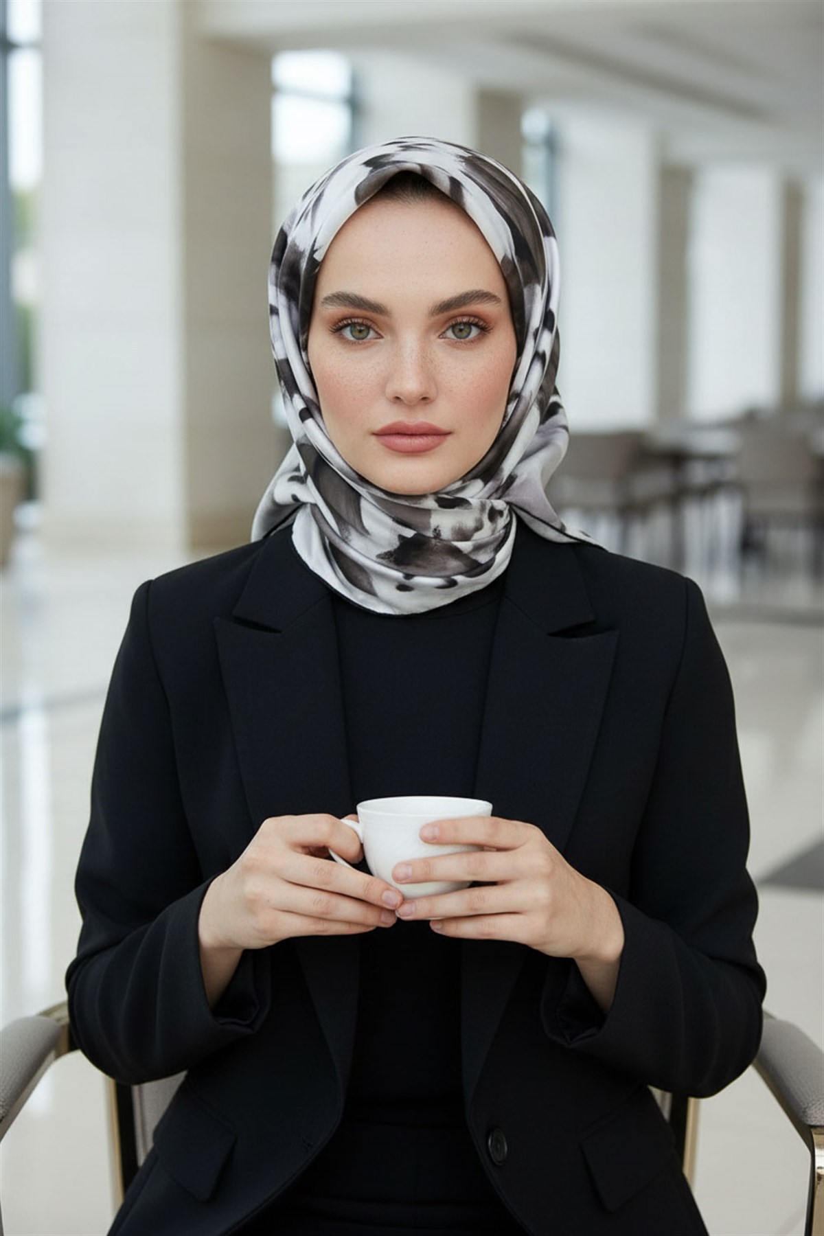 %100 Twill İpek Batik Desenli Siyah - Beyaz Renkli 90x90 Eşarp Dikim Şekli : El Dikişi