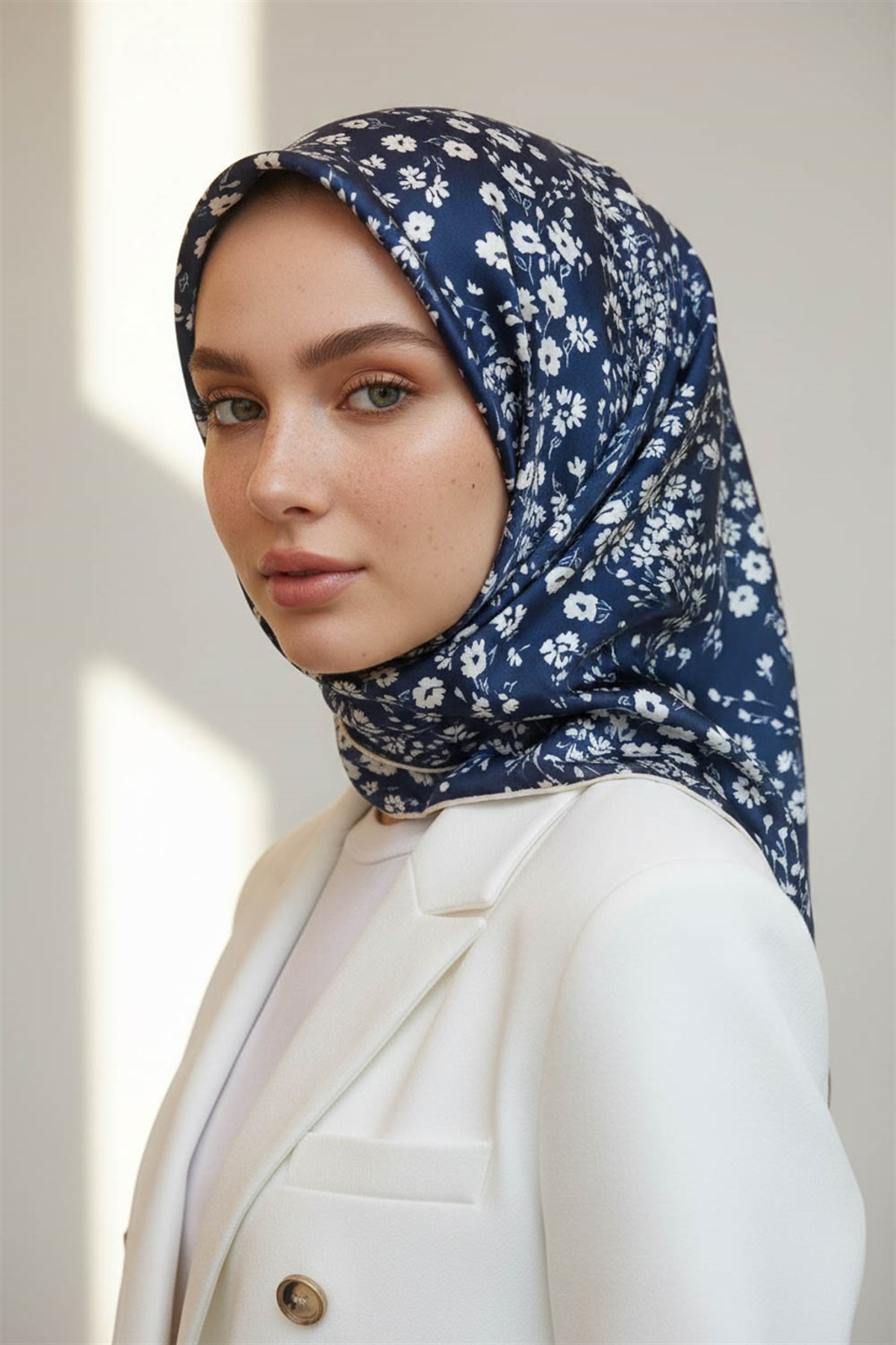 %100 Twill İpek Çıtır Çiçek Desenli Lacivert - Krem Renkli 90x90 Eşarp Dikim Şekli : El Dikişi