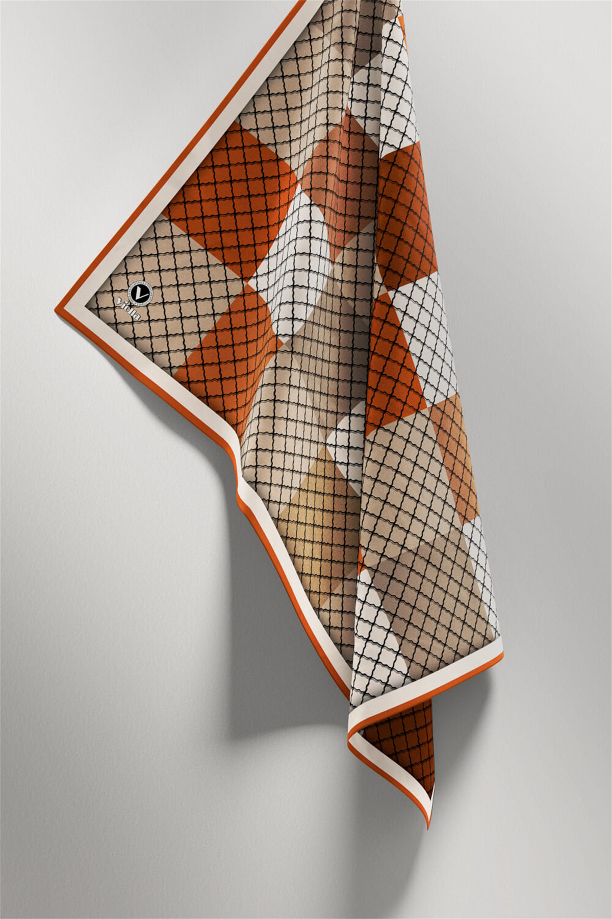 Twill Kare Desenli Taba Renkli 90x90 Eşarp (İpek İçermez) Kenar Dikiş Şekli El Dikişli