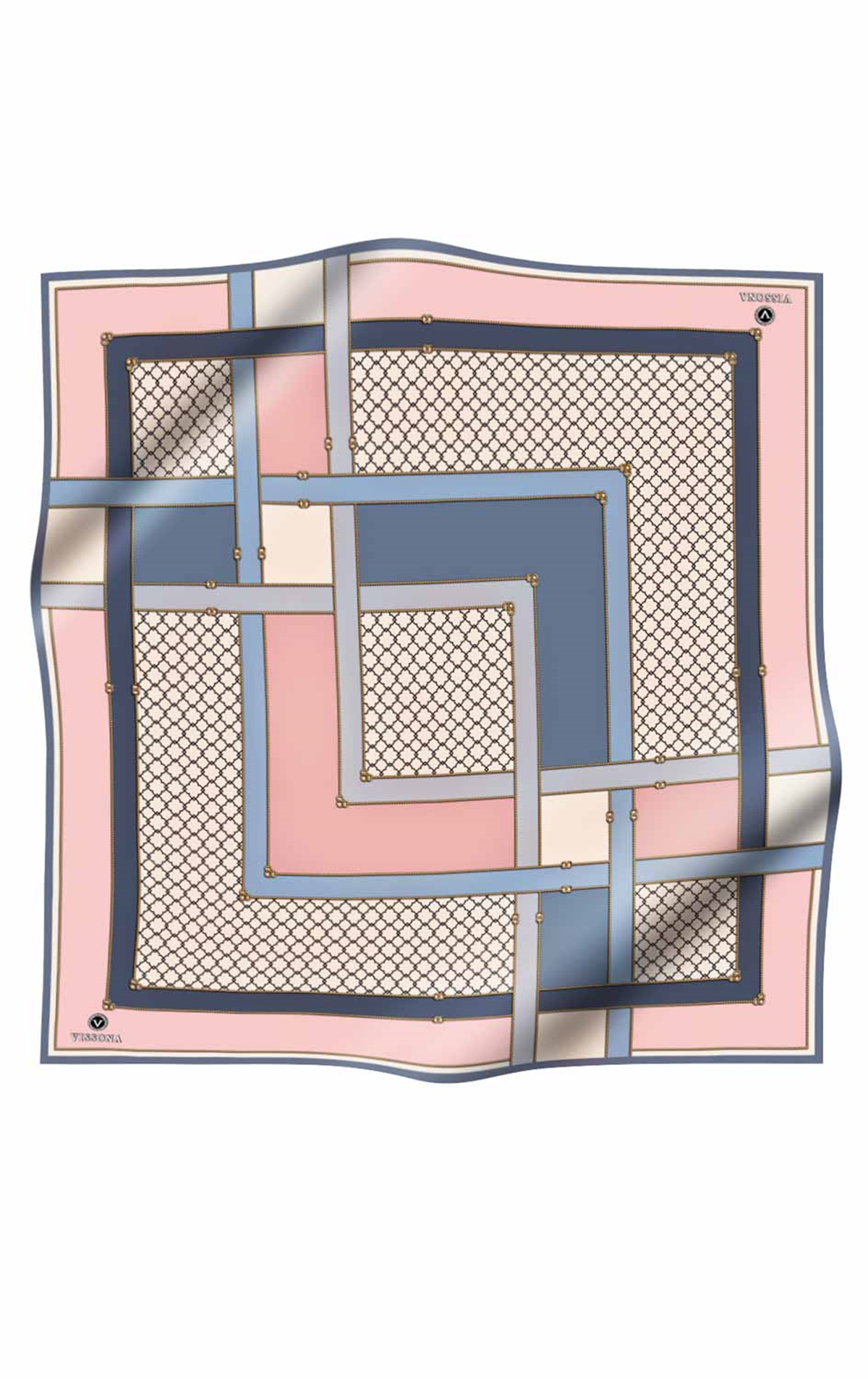 %100 Twill İpek Geometrik Desenli Pudra - Bebe Mavisi Renkli 90x90 Eşarp Dikim Şekli : El Dikişi