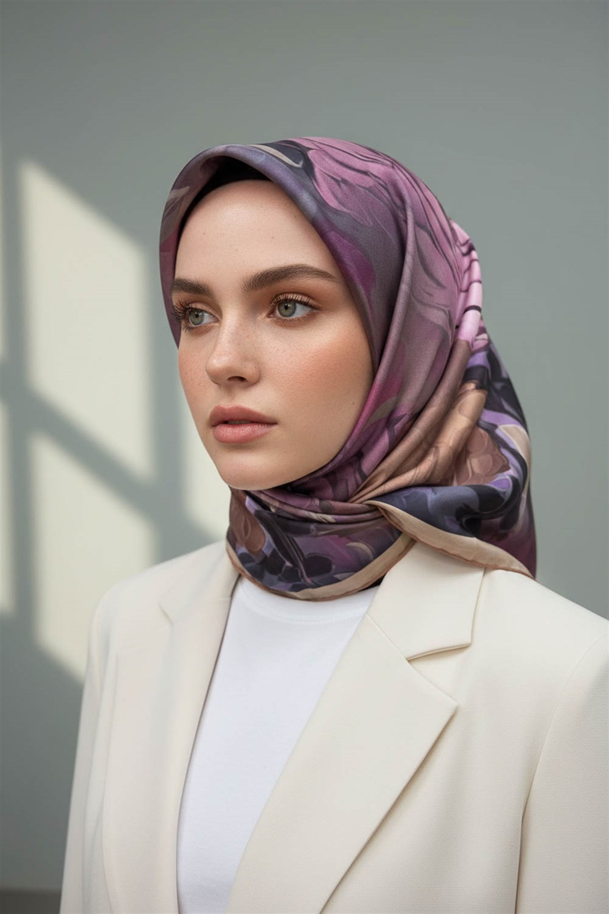 %100 Twill İpek Dumanlı Çiçek Desenli Somon - Lila Renkli 90x90 Eşarp Kenar Dikiş Şekli El Dikişli