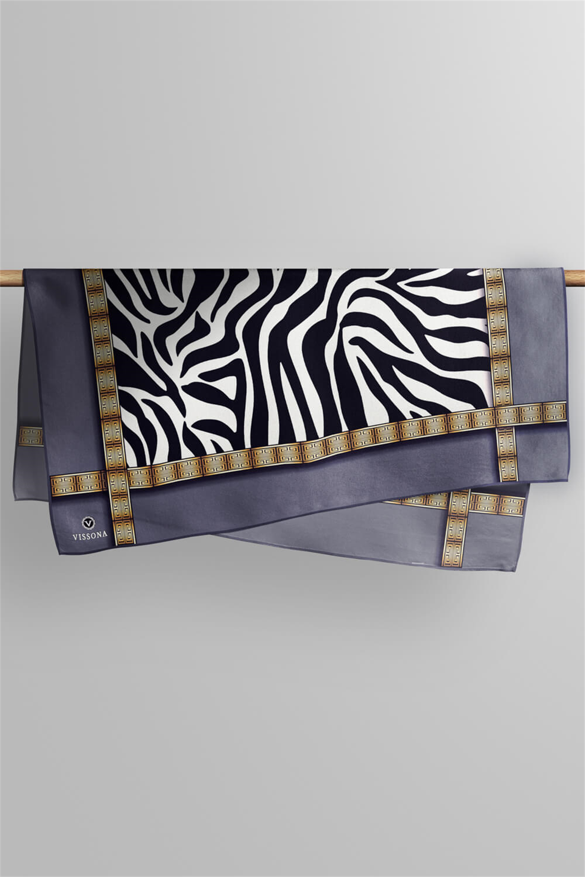 % 57 İPEK % 43 VİSKON Twill İpek Zebra Desenli Gri - Gold Renkli 90x90 Eşarp Dikim Şekli : El Dikişi