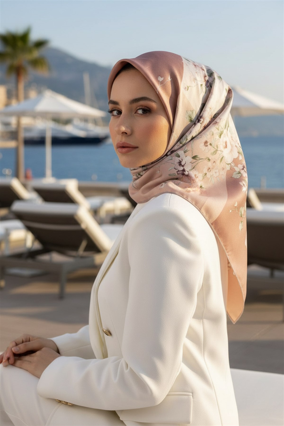 %100 Twill İpek Geometrik Ve Çiçek Desenli Krem - Soğan Kabuğu Renkli 90x90 Eşarp Dikim Şekli : El Dikişi