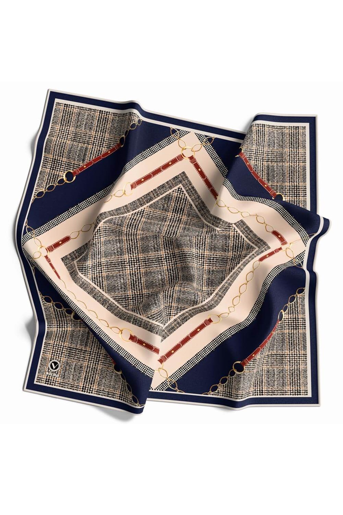 Twill Kemer ve Zincir Detaylı Ekose Desenli Lacivert Renkli 90x90 Eşarp (İpek İçermez) Kenar Dikiş Şekli El Dikişli