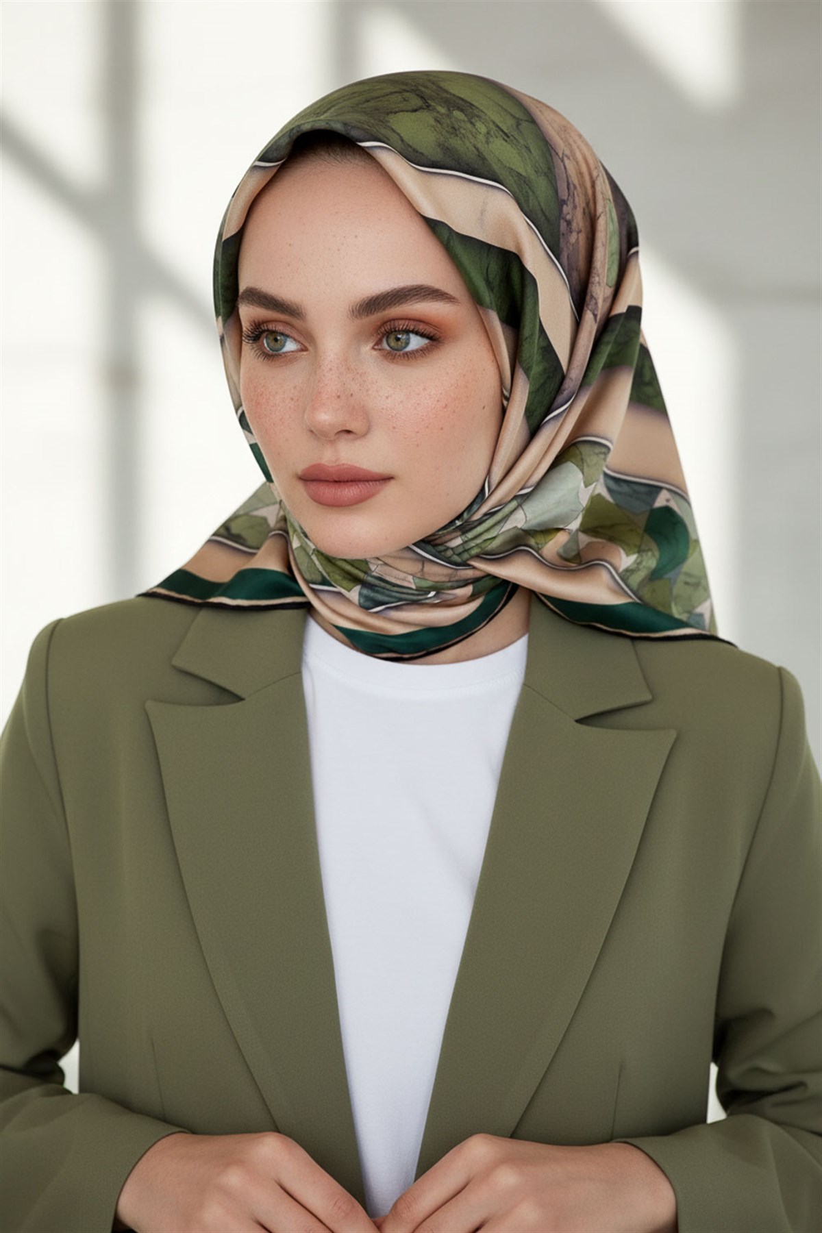 %100 Twill İpek Mermer Efektrli Geometrik Desenli Haki - Bej Renkli 90x90 Eşarp Dikim Şekli : El Dikişi