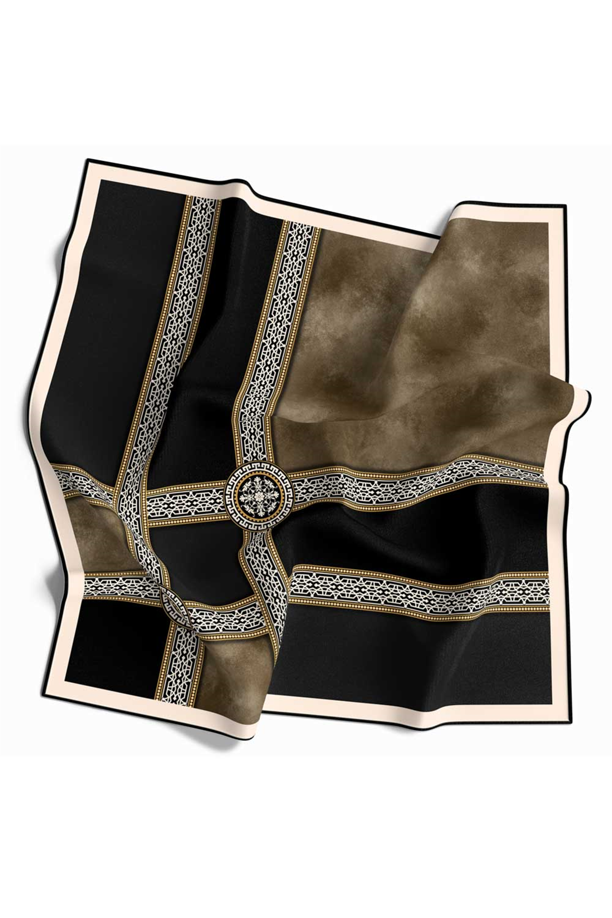 Twill Geometrik Desenli Vizon Renkli 90x90 Eşarp (İpek İçermez) Kenar Dikiş Şekli El Dikişli