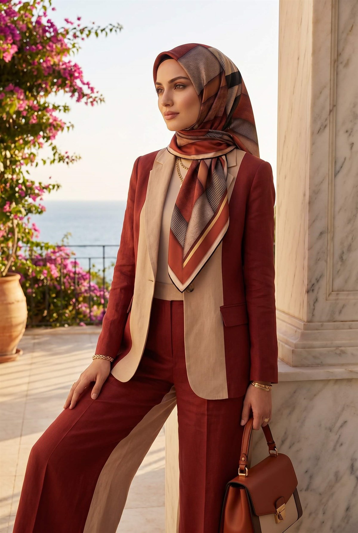 %100 Twill İpek Dokulu ve Geometrik Desenli Taba - Siyah Renkli 90x90 Eşarp Dikim Şekli : El Dikişi