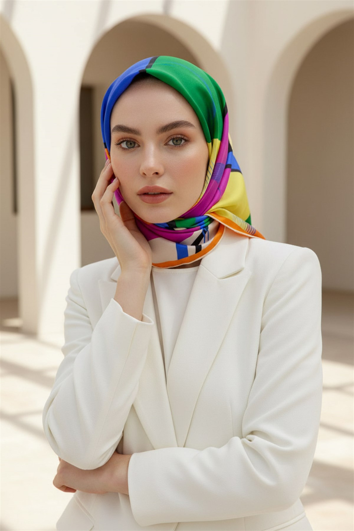 %100 Twill İpek Geometrik Desenli Turuncu - Saks Renkli 90x90 Eşarp Dikim Şekli : El Dikişi