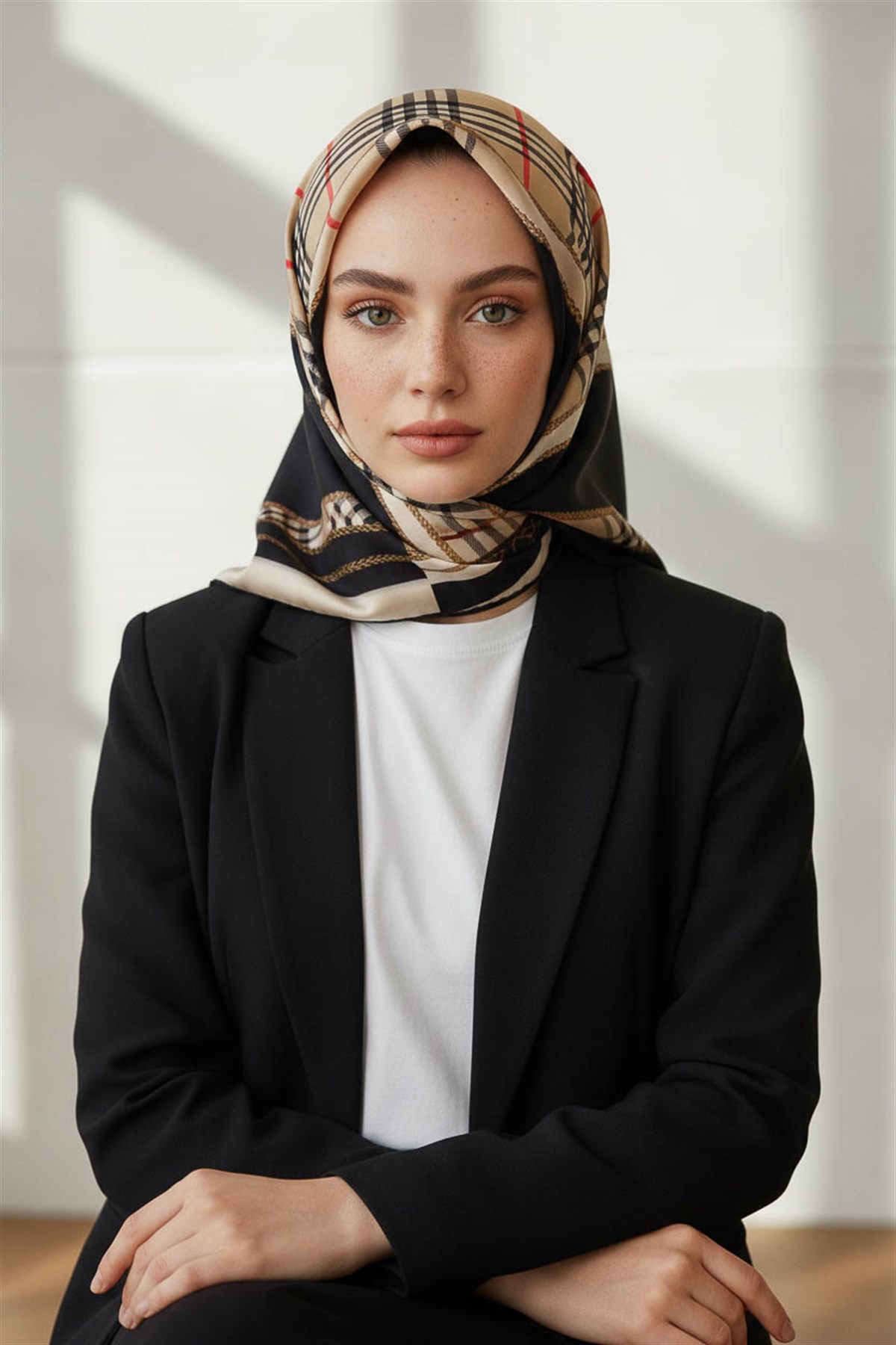 %100 Twill İpek Ekose Desenli Siyah Renkli 90x90 Eşarp Dikim Şekli : El Dikişi