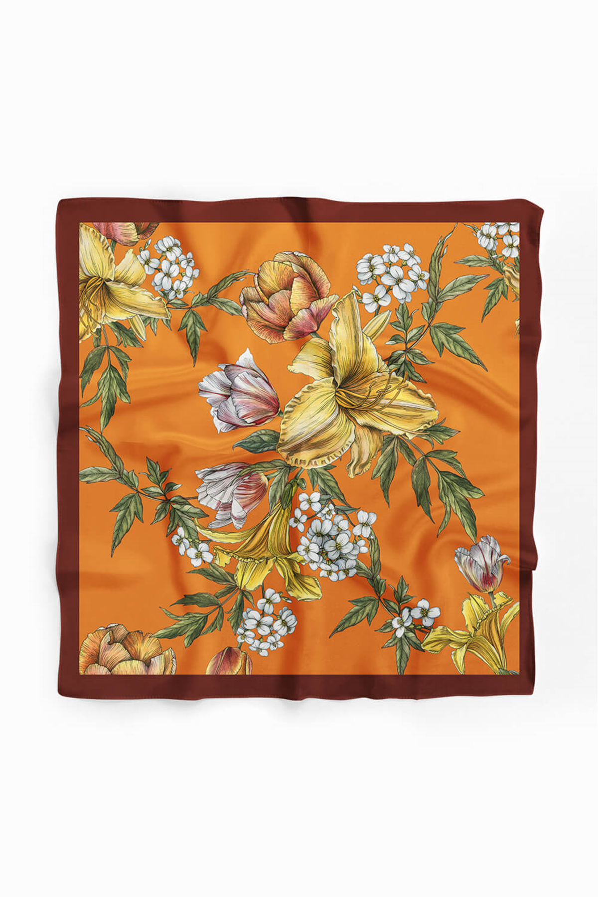 Kadın Çiçek Desenli Bandana 50x50 Turuncu Sarı Beyaz DG0477-22 Snz