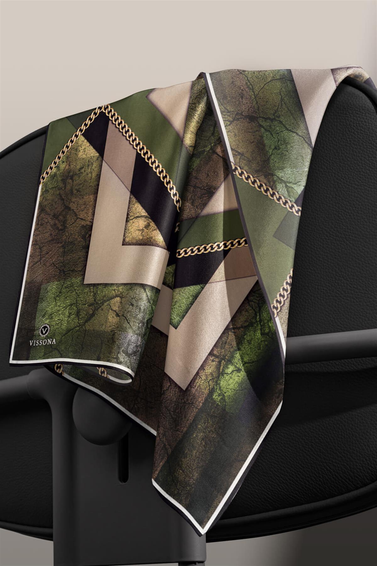 %100 Twill İpek Taş Efekti Desenli Haki - Siyah Renkli 90x90 Eşarp Dikim Şekli : El Dikişi