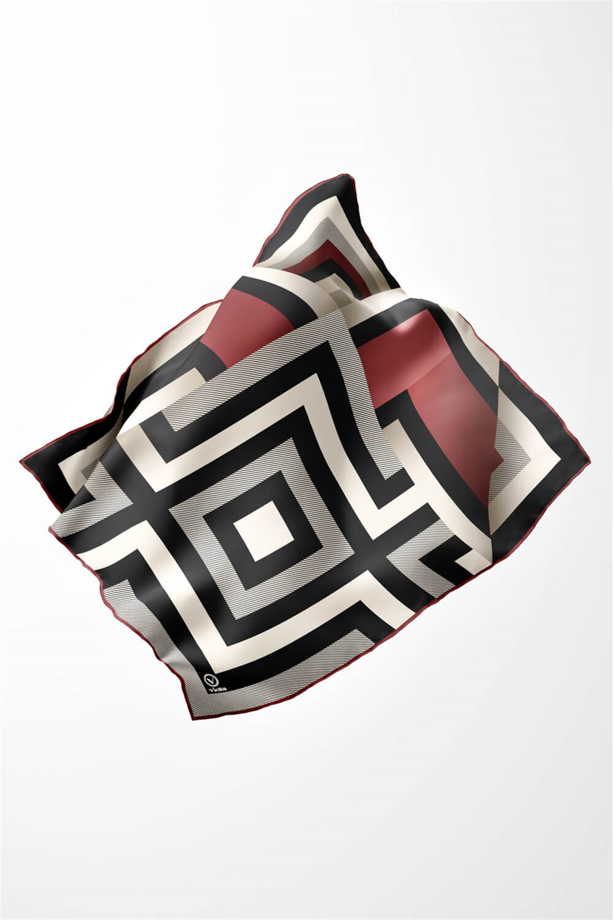 Twill Geometrik Desenli Bordo Renkli 90x90 Eşarp (İpek İçermez) Dikim Şekli : El Dikişi