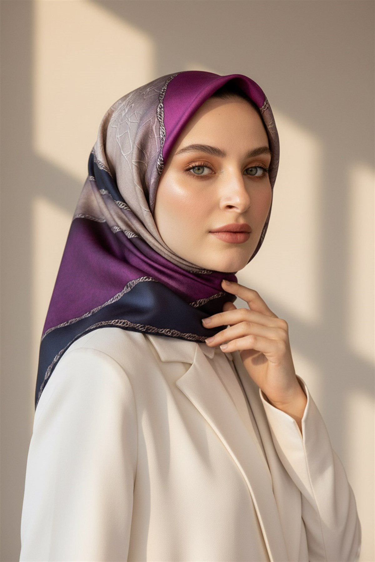 %100 Twill İpek Dokulu Geometrik Desenli Mürdüm - Lacivert Renkli 90x90 Eşarp Dikim Şekli : El Dikişi