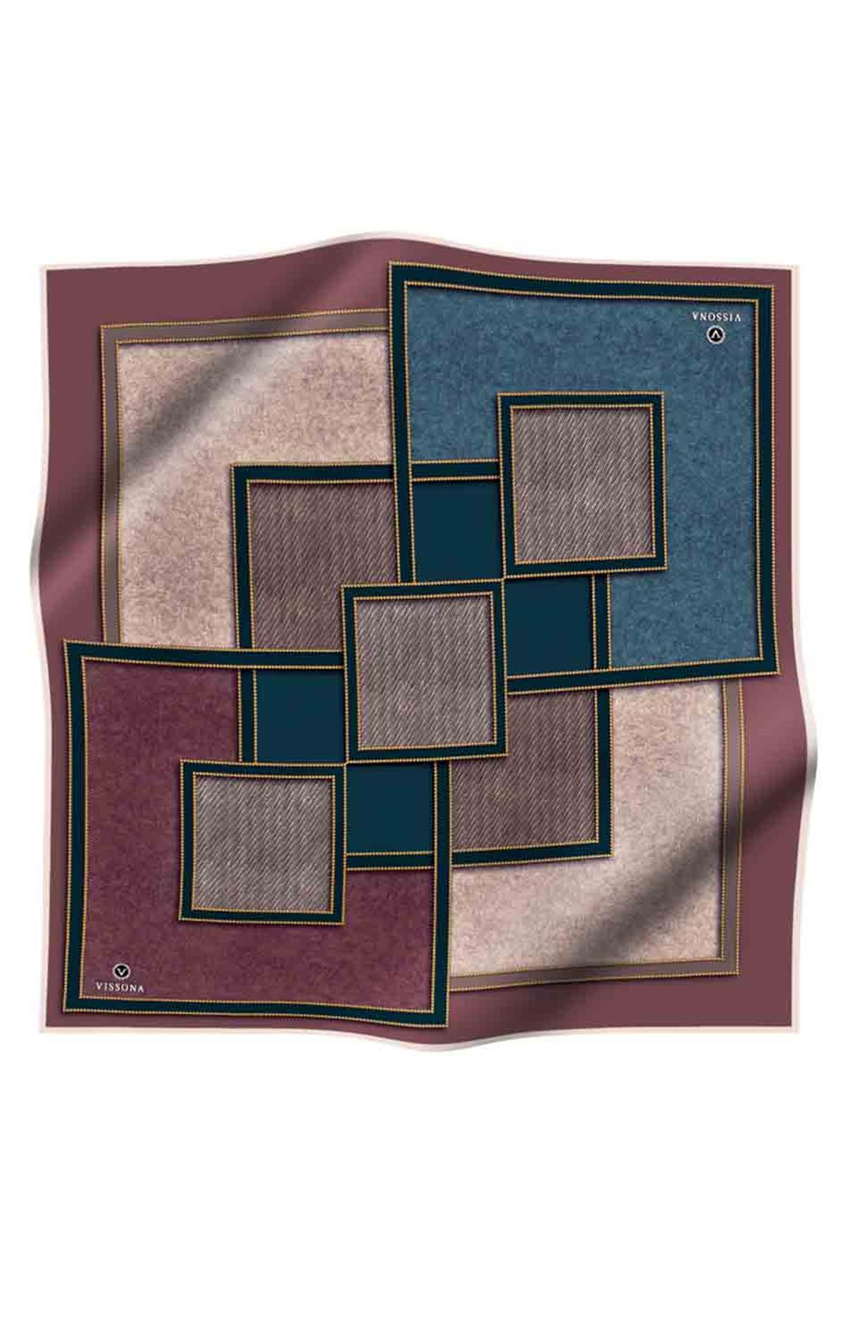 100% Twill İpek Gold Detaylı Kare Desenli Gül Kurusu - Petrol Yeşili Renkli 90x90 Dikim Şekli : El Dikişi