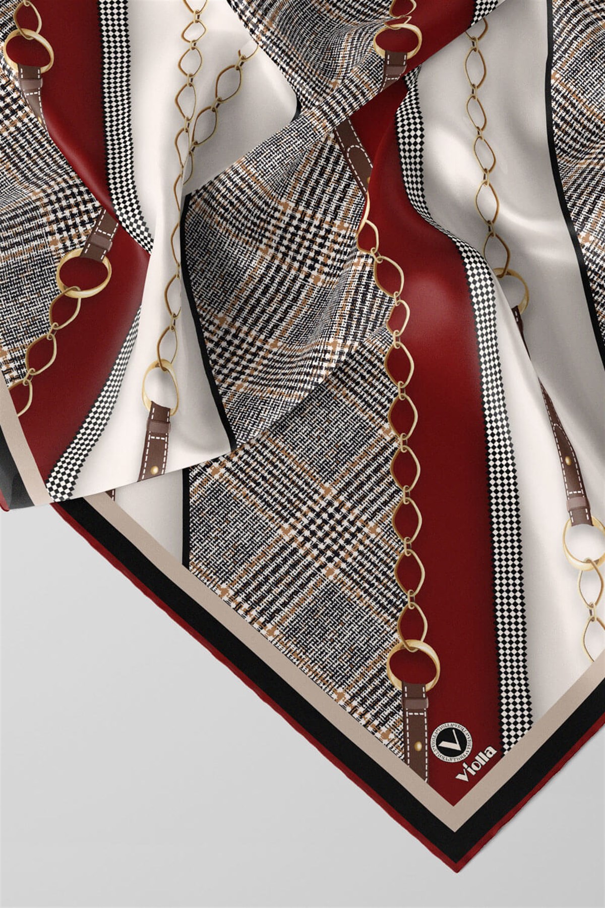 Twill Kemer Desenli Bordo Renkli 90x90 Eşarp (İpek İçermez) Kenar Dikiş Şekli El Dikişli