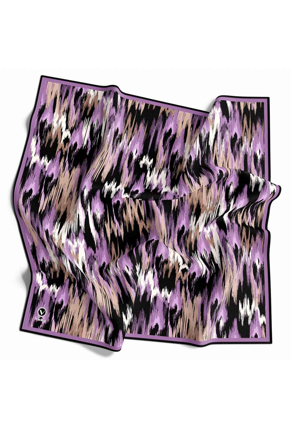 Twill Fırça Desenli Lila Renkli 90x90 Eşarp (İpek İçermez) Kenar Dikiş Şekli El Dikişli