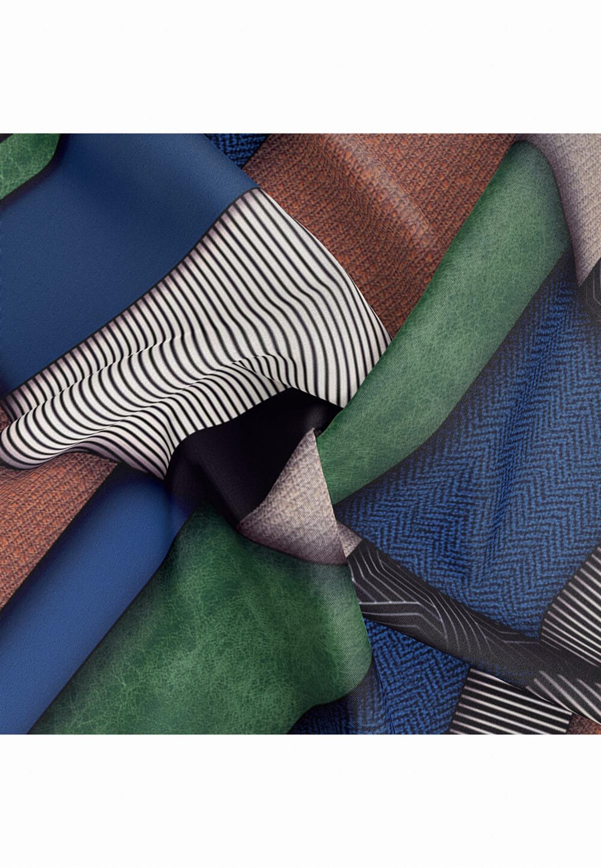 %100 Twill İpek Dokulu ve Geometrik Desenli Lacivert - Zümrüt Yeşili Renkli 90x90 Eşarp Dikim Şekli : El Dikişi