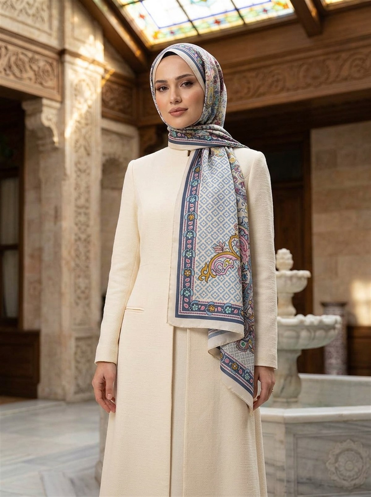 %100 Saf İpek Şal İnce Saten Vual Dokuma Etro Desenli Krem - Mürdüm Renkli 90x210 Şal