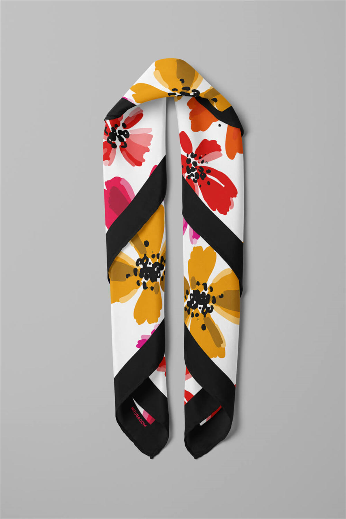 D102 Kadın Çiçek Desenli Bandana 50x50 Kırmızı Sarı DG0176-22