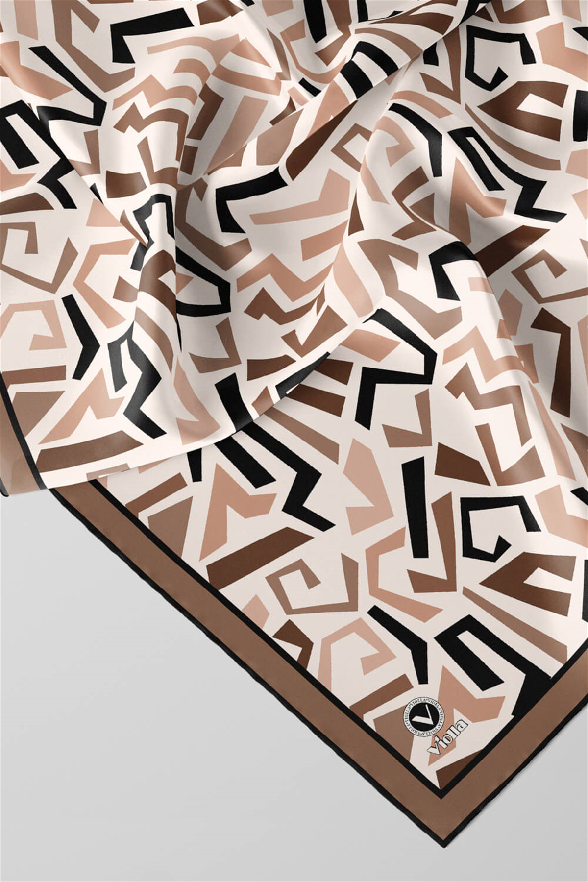 Twill Geometrik Desenli Bej Renkli 90x90 Eşarp (İpek İçermez) Kenar Dikiş Şekli El Dikişli
