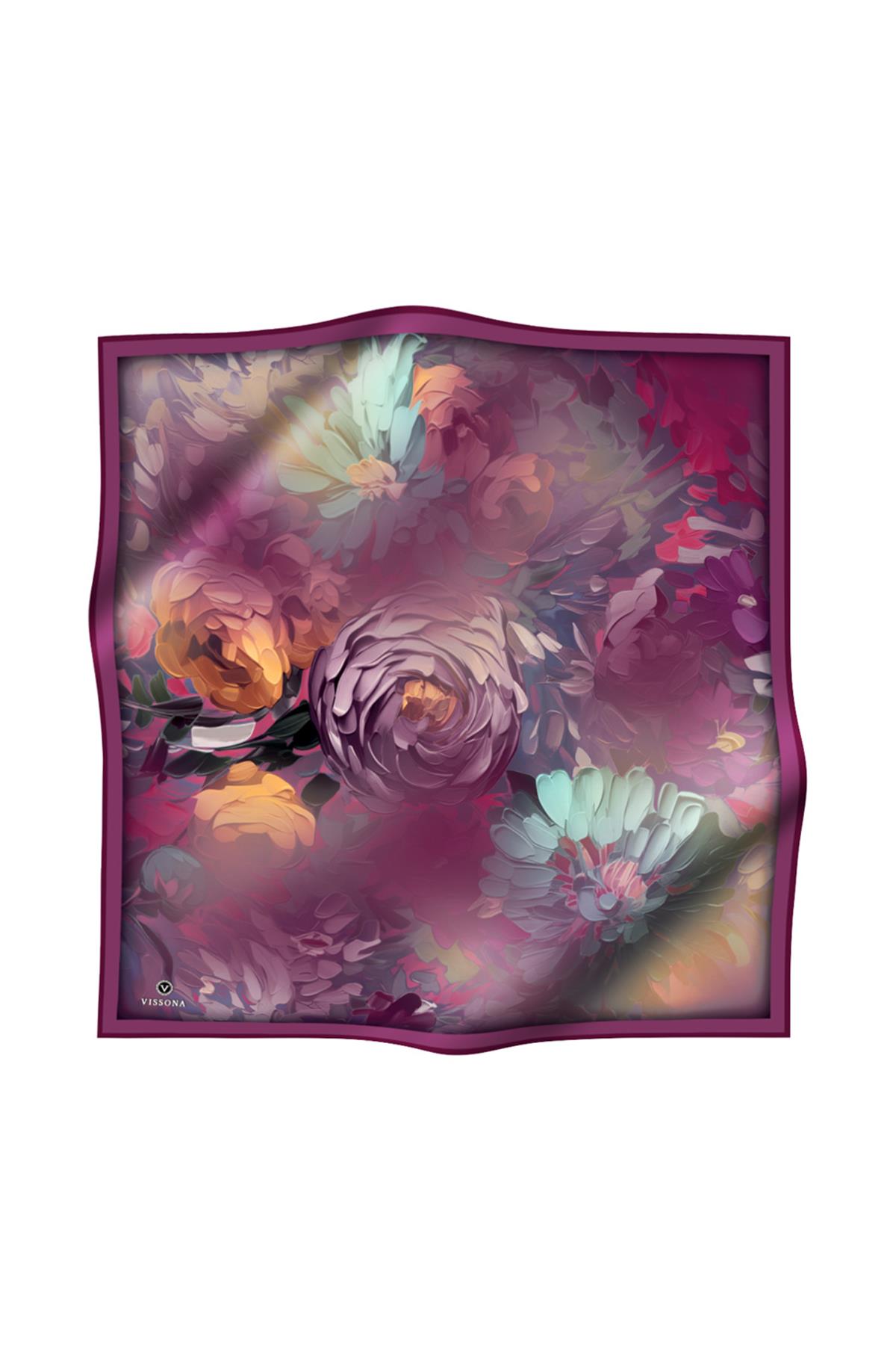 %100 Twill İpek Dumanlı Çiçek Desenli Mürdüm Renkli 90x90 Eşarp Kenar Dikiş Şekli El Dikişli